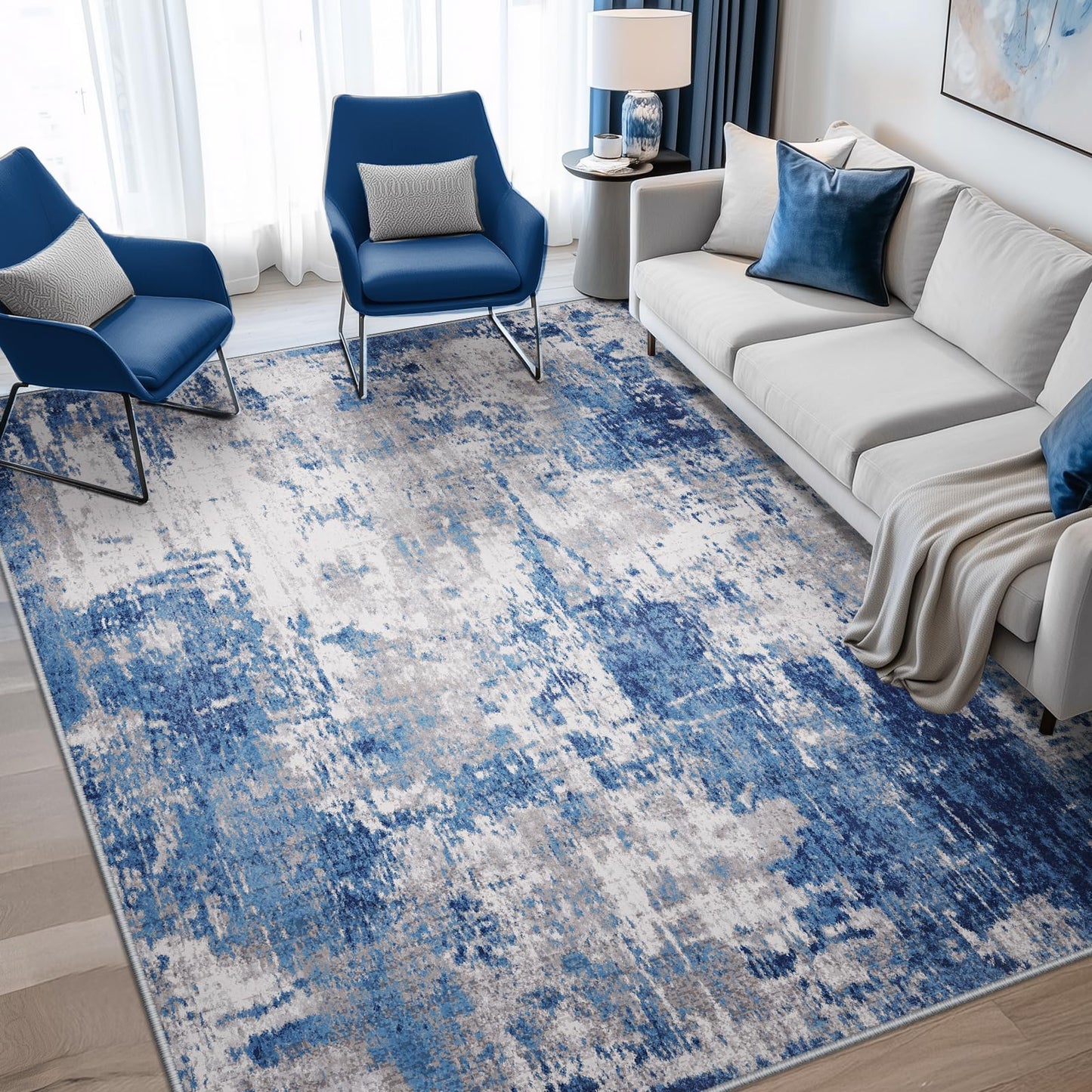 RELEANY Washable Area Rug 5'x7' Non-Slip Indoor Modern Abstract Low Pile Soft Carpet Rugs for Living Room Bedroom Home Entryway, Print Pattern, Blue Grey Navy Gray
