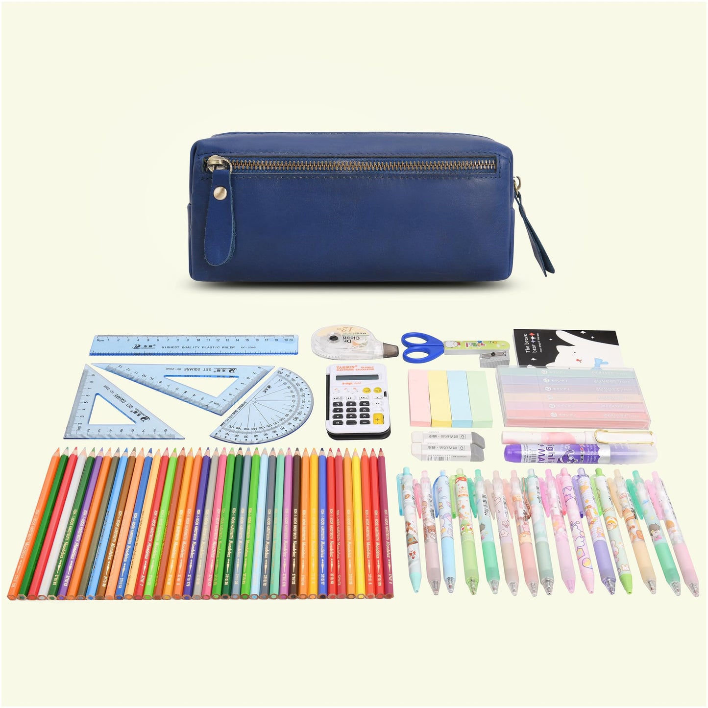 Wonderpool Pen Case Real Leather Pencil Pouch Markers Holder Big Capacity Bag with Side Zippered Pocket Sleeve for Stationery Makeup Utensils Tool Organizer (Blue)