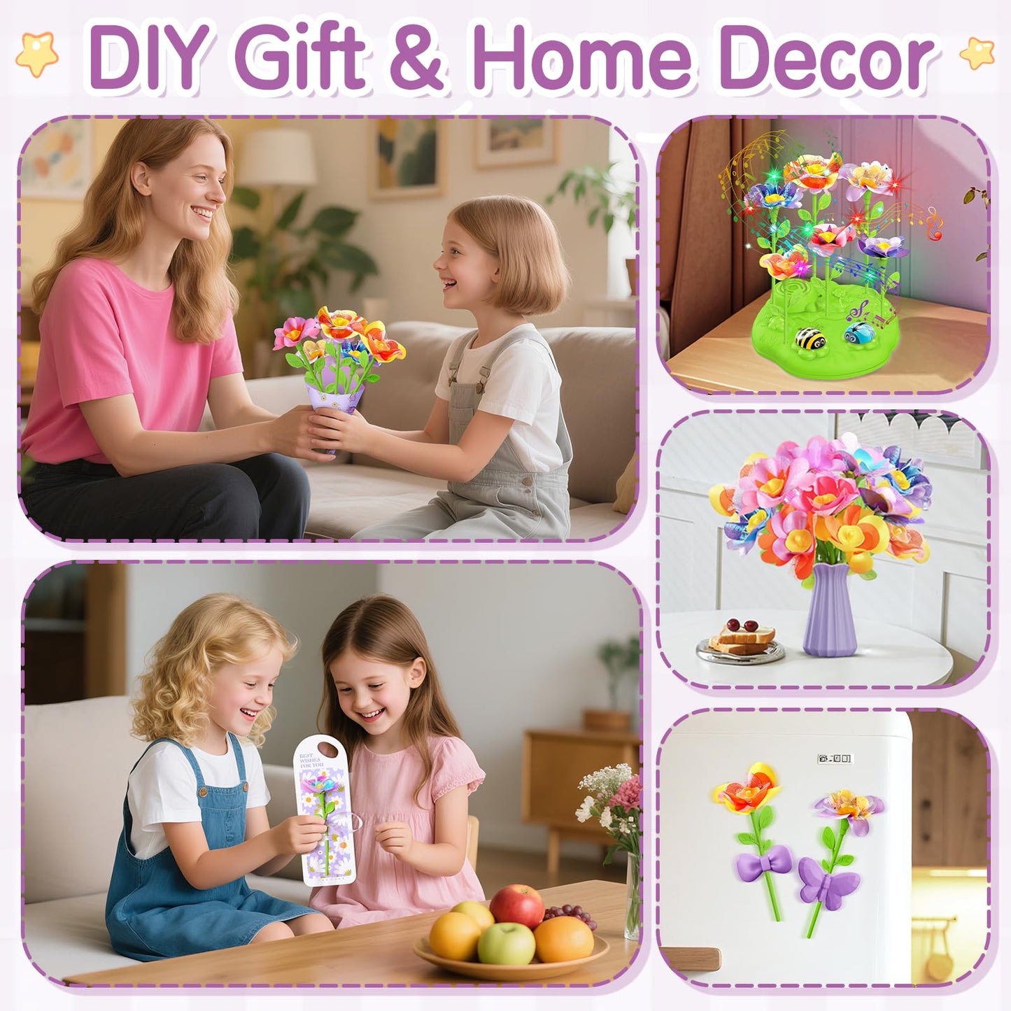 Fabric Flower Bouquets Toys, DIY Arts and Crafts Kit Toys for Kids Ages 4-8, Preschool Educational Activity Toy, Toddler Girls Christmas Birthday gifts for 4 5 6 7 8 Year Old Girl