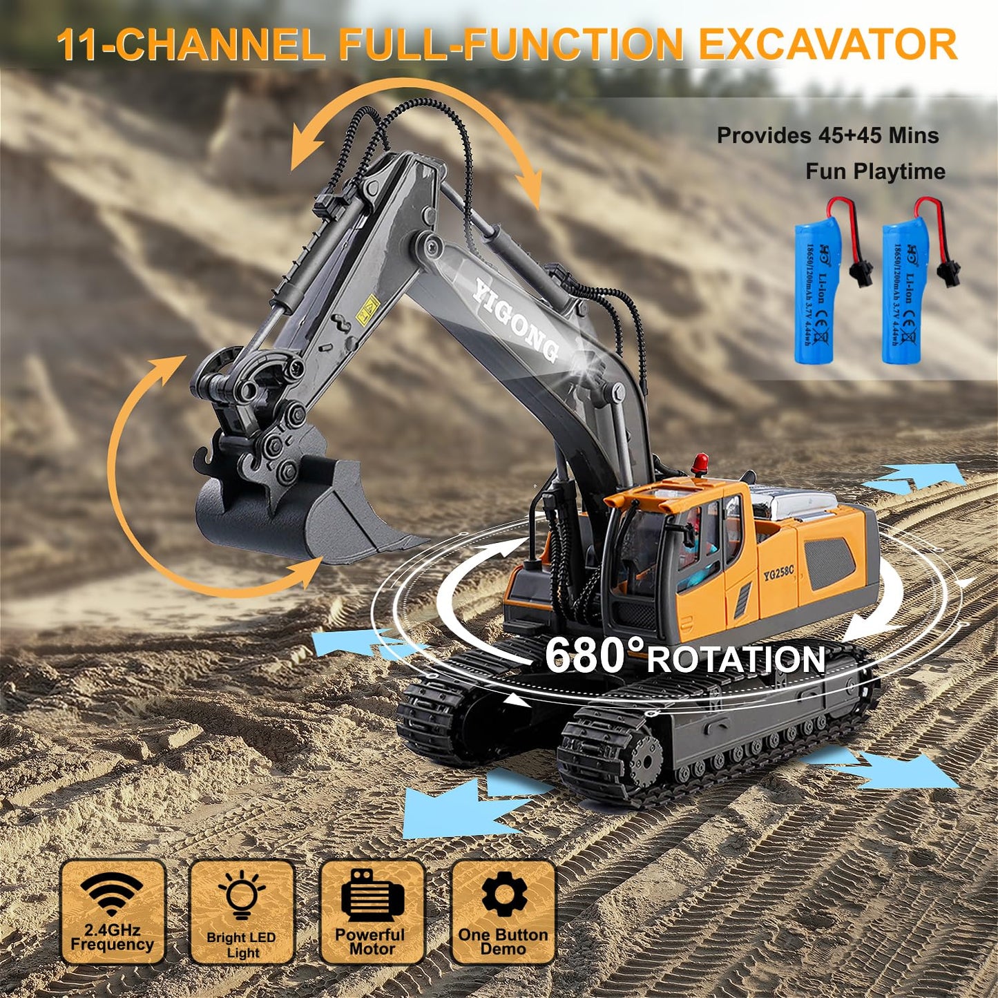 Cogwak RC Excavator Toy 11 Channel Remote Control Construction Vehicles Sand Digger Truck with Metal Shovel 680° Rotation Outdoor Birthday Gift for Boys Kids Age 6+ Year Old (Yellow)