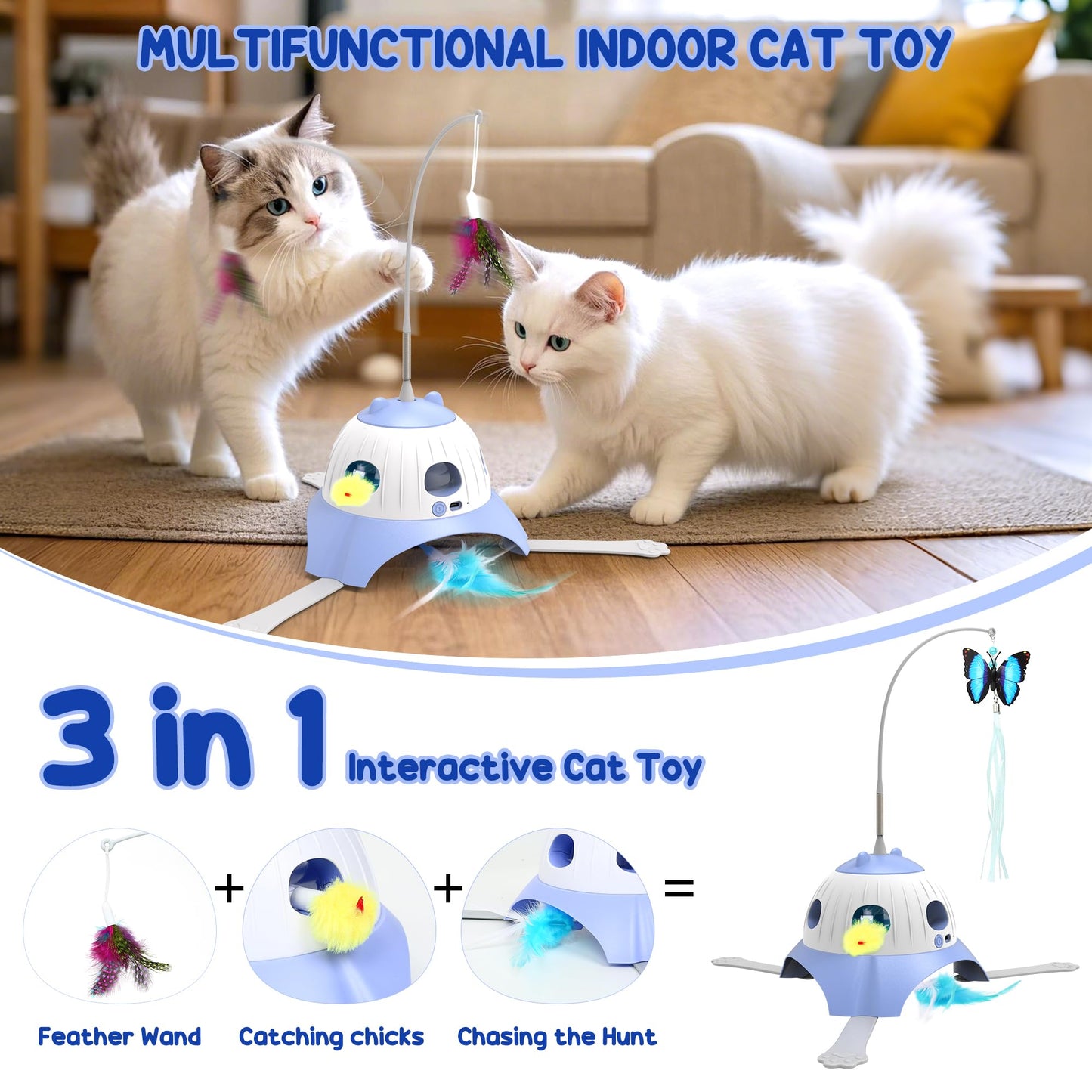 Cat Toys for Indoor Cats, 3 in 1 Interactive Cat Toy for Kitten, Motion Activate Automatic Cat Toys, Cat Hunting Game & Rotating Feathers, USB Rechargeable