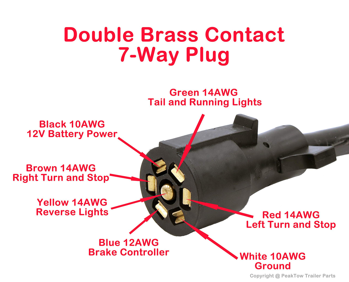 PEAKTOW PTT0044 Heavy Duty 7 Pin 8 Feet Trailer Plug Inline Cord with Double Prongs Connector