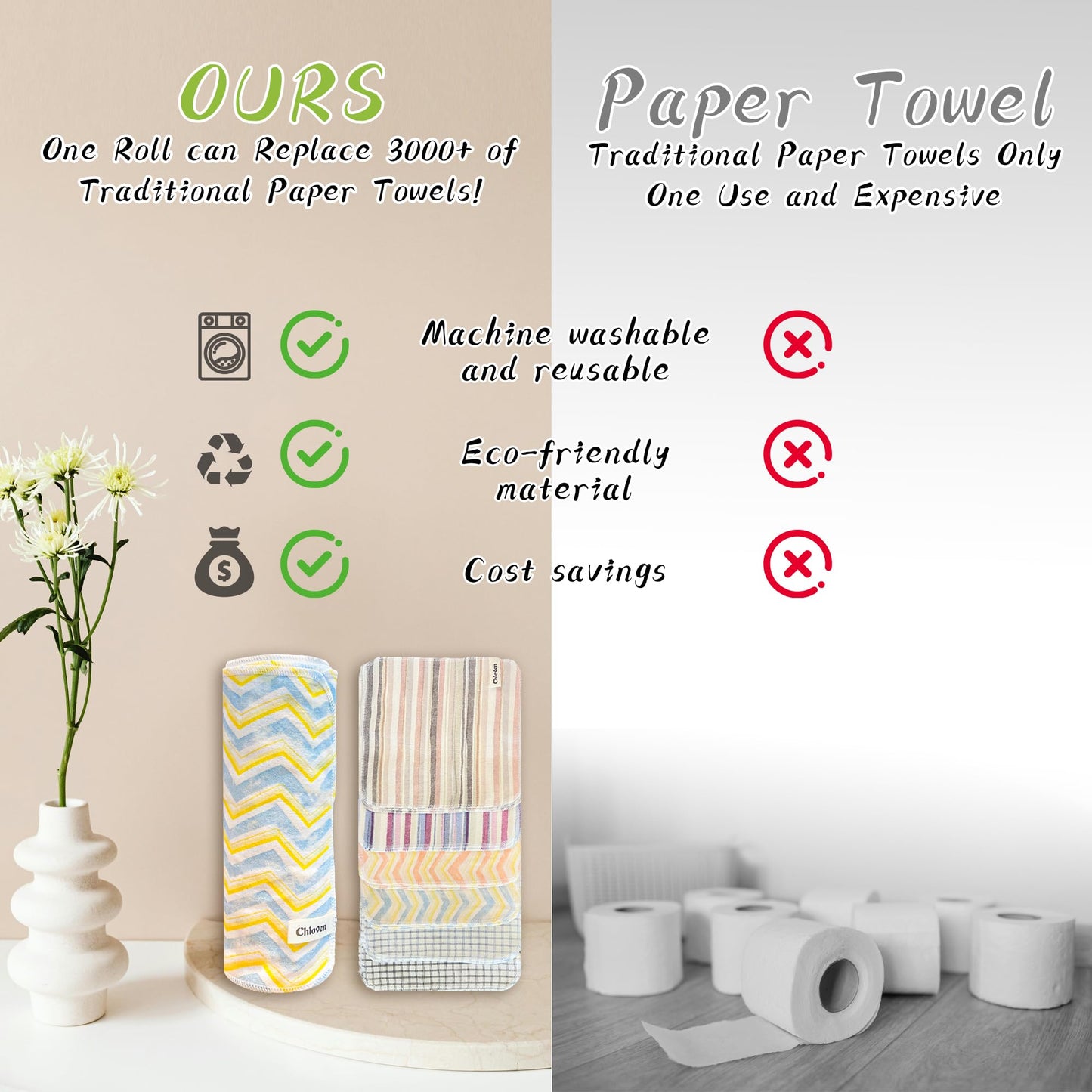 Chloven 30 Pack Reusable Paper Towels, Highly Absorbent Cotton Cloth Washable Paper Towels for Kitchen, Eco Friendly Paperless Towels & Napkins Alternative, Reusable Hand Towels Roll