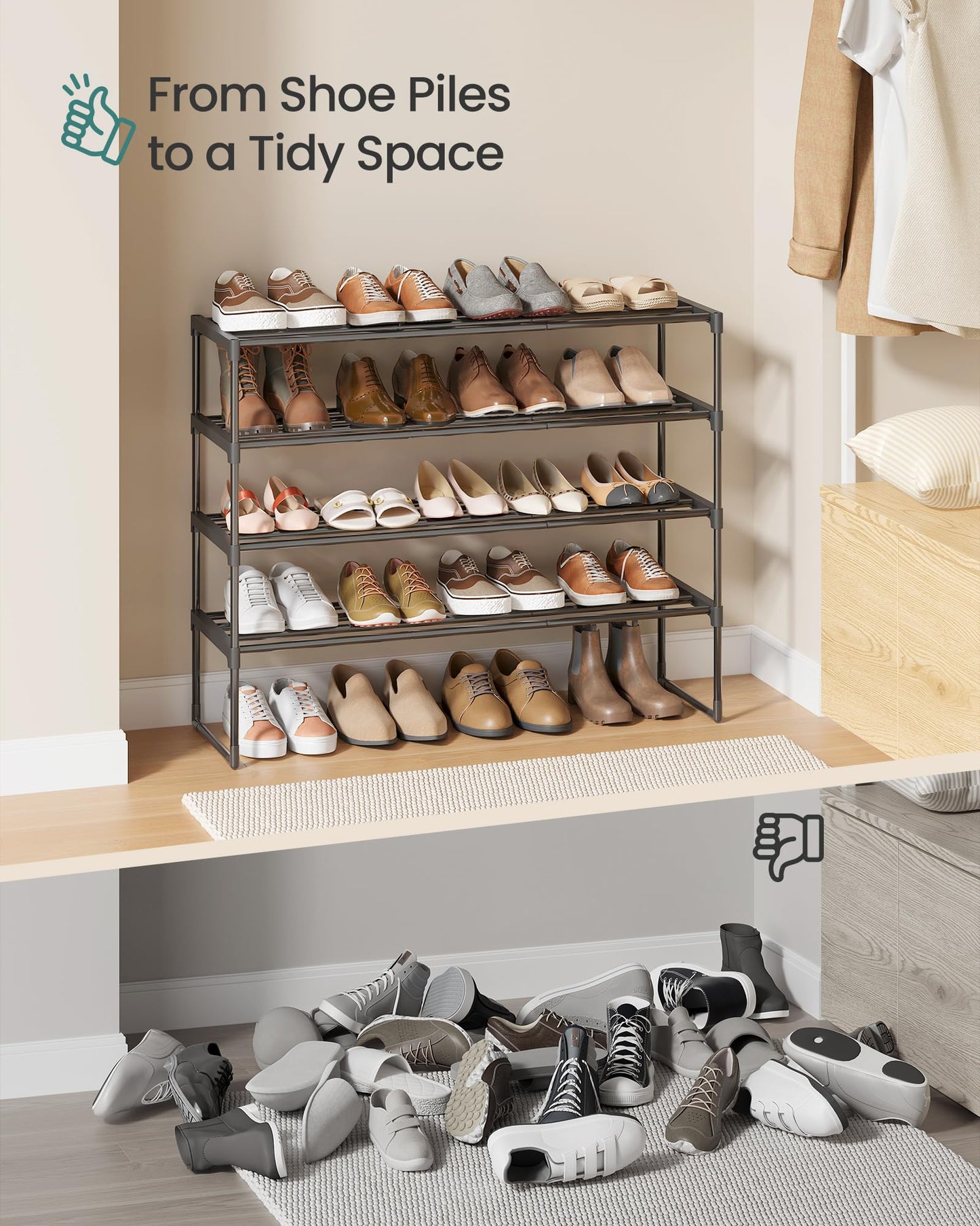 SONGMICS Shoe Rack, 4-Tier Shoe Organizer, Sturdy Storage Shelf, Upright or Upside Down, for 20-25 Pairs, Stackable, for Entryway, 30 x 92 x 75 cm, Black ULSA14BK