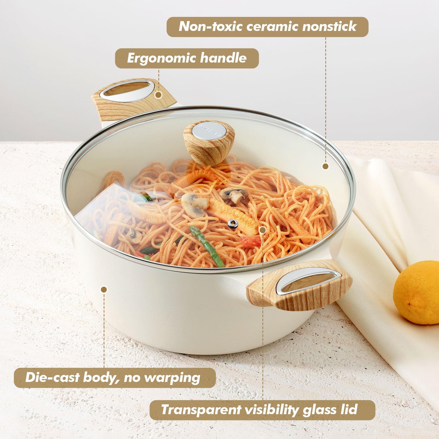 SENSARTE Ceramic Nonstick Stock Pot with Lid, 2.6 QT Soup Pot Casserole Pot, Non-Toxic Healthy Pasta Pot, Large Cooking Pot Stew Pot, Induction Compatible, PFOA PFAS PTFE Free, White
