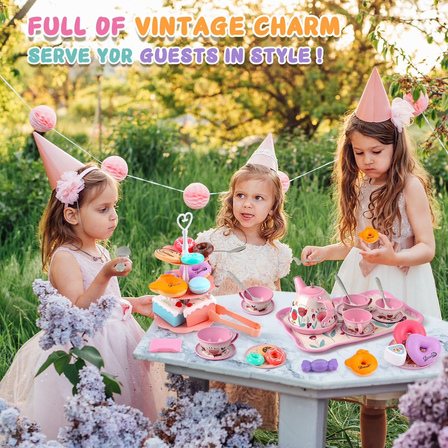 Flower Tea Set for Little Girls, Birthday Gift for Age 3 4 5 6 Year Old, Toddler Toys Tea Party Set for Little Girls, Princess Kids Kitchen Pretend Toy with Tin Tea Set, Desserts & Carrying Case
