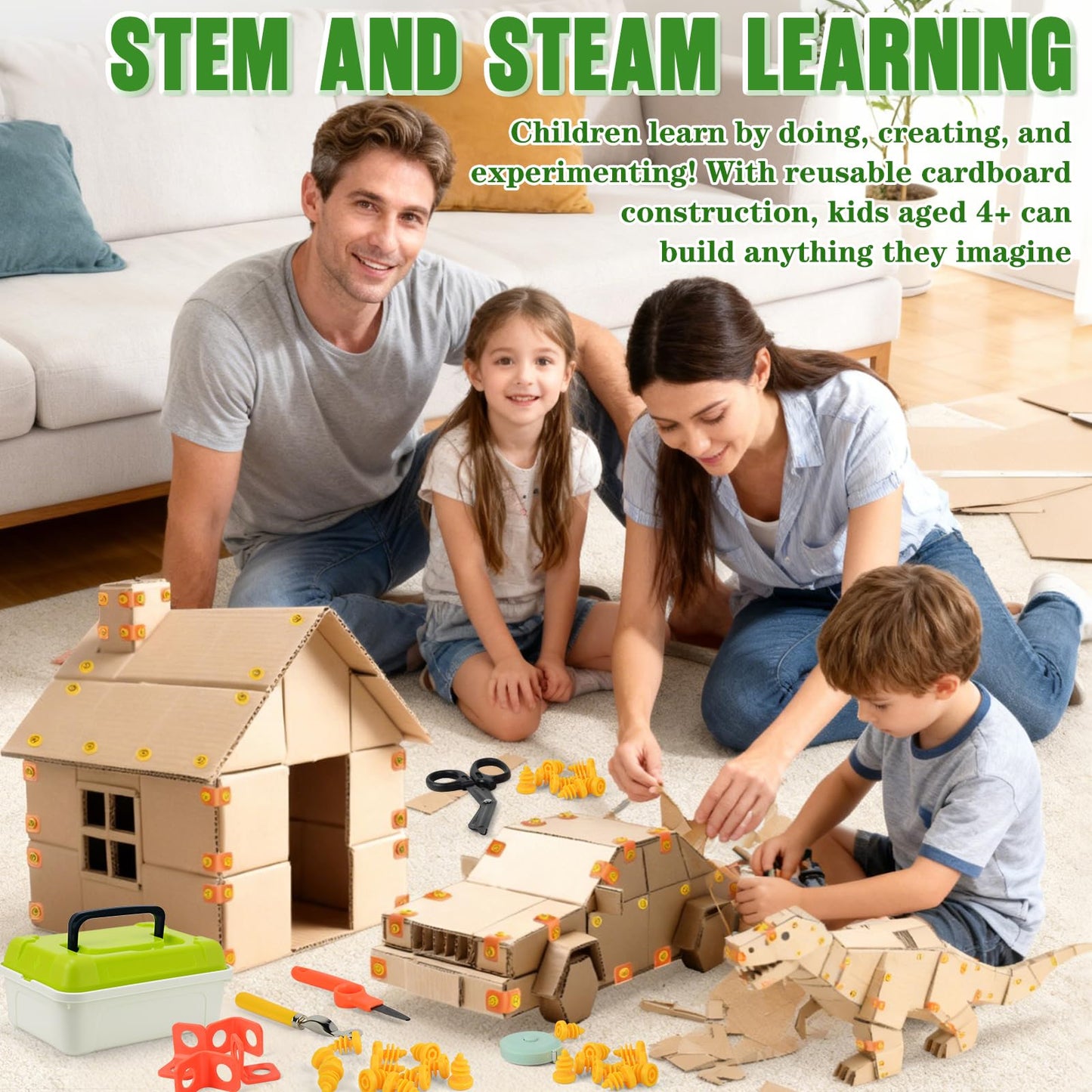 Cardboard Tools for Kids, 170 Pcs Kid Safe Cardboard Cutter with Box, Construction Kit for Family, Classroom Learning, STEM Educational Toys Birthday Gift for Boys and Girls Aged 4+
