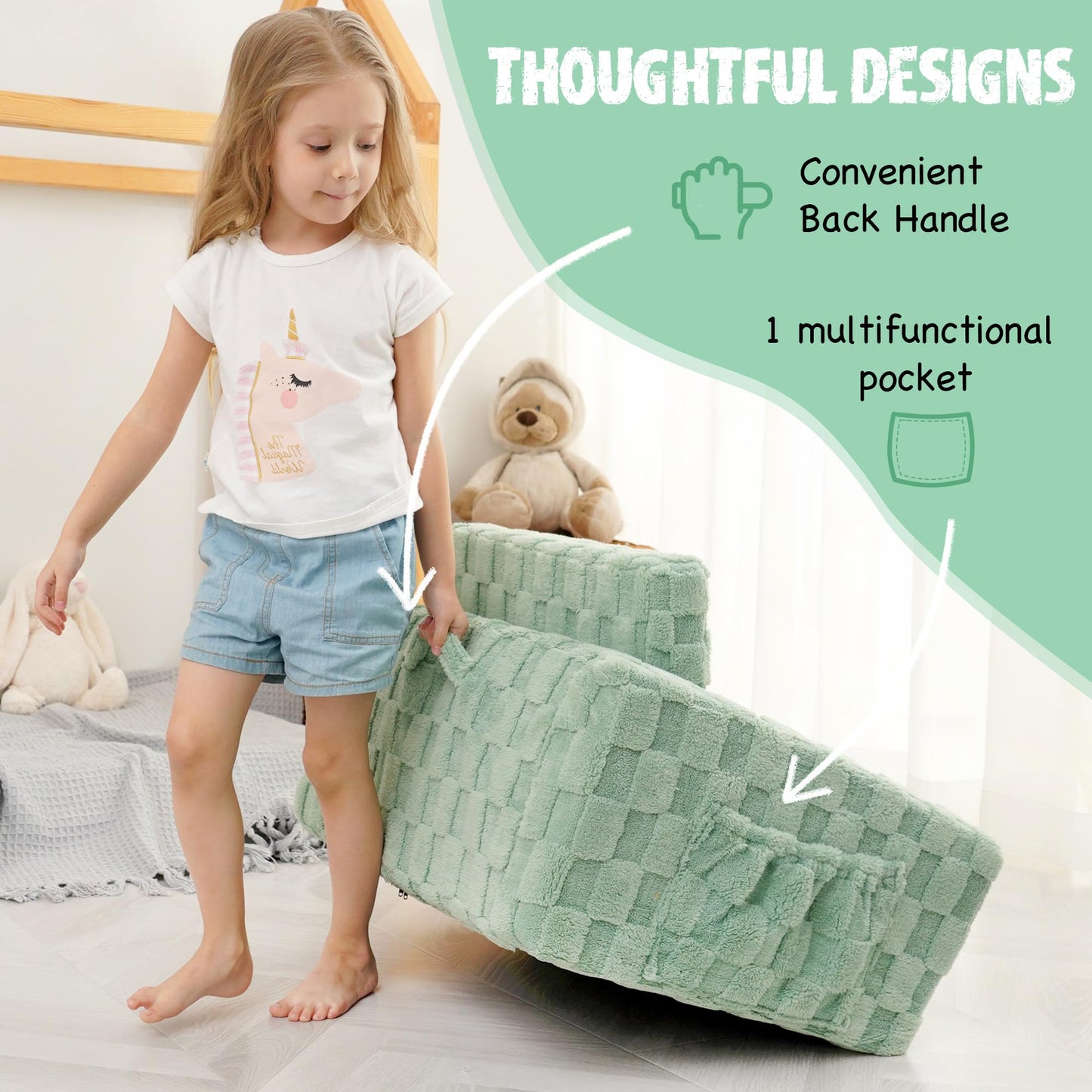Toddler Couch for Kids, 2-in-1 Kids Fold Out Couch with Flip Open Sofa Lounger, Soft Flannel Kids Sofa Chair for Playroom Bedroom, Green