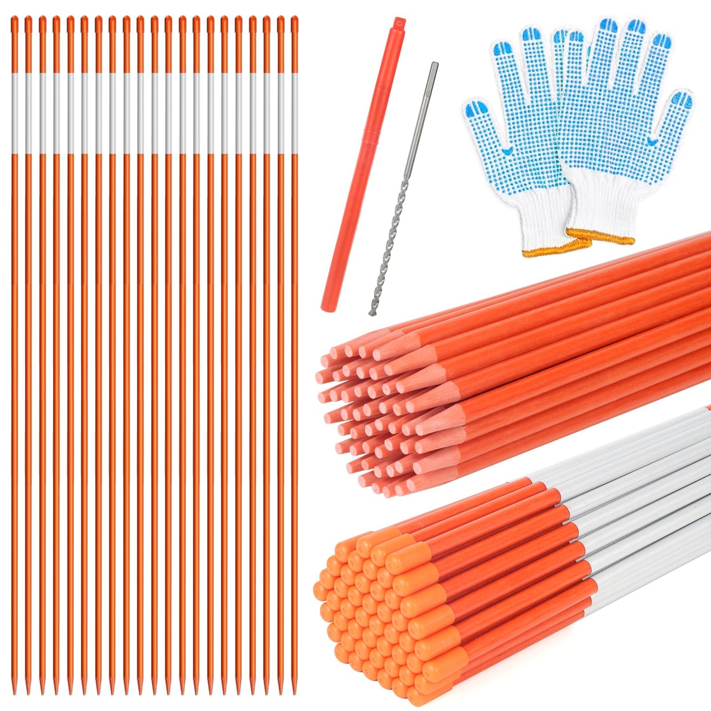 48" Reflective Driveway Markers, 50Pk Snow Stakes Dia 0.8cm(0.32in) Fiberglass Pole with 12" Steel Drill Bit & Work Gloves for Parking Lots, Snowways, Ski Resort, Mountain Road