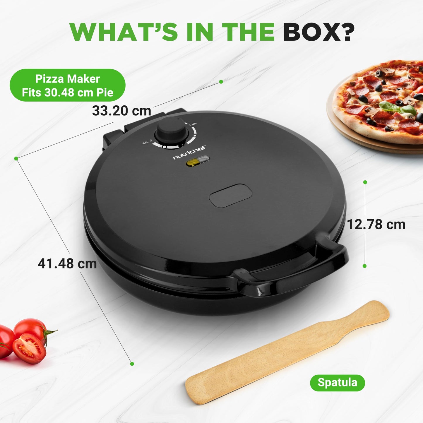 NutriChef Countertop Pizza Maker 1500W Non-Stick Electric Pizza Cooker Temp Control Handle Make 12" Pizzas, Eggs, Toast & More Cool-Touch Handles, Compact 175–400°F Black