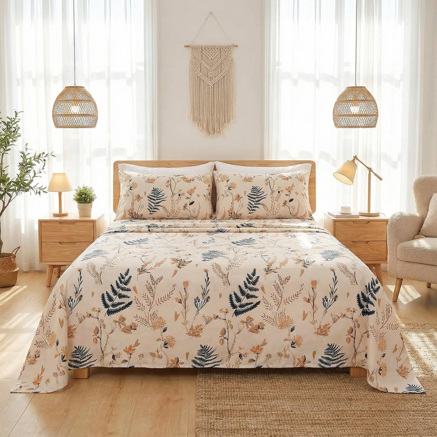 JSD Floral Printed Sheet Set Queen, Soft Microfiber Botanical Bed Sheets 15" Extra Deep Pocket 4 Pieces