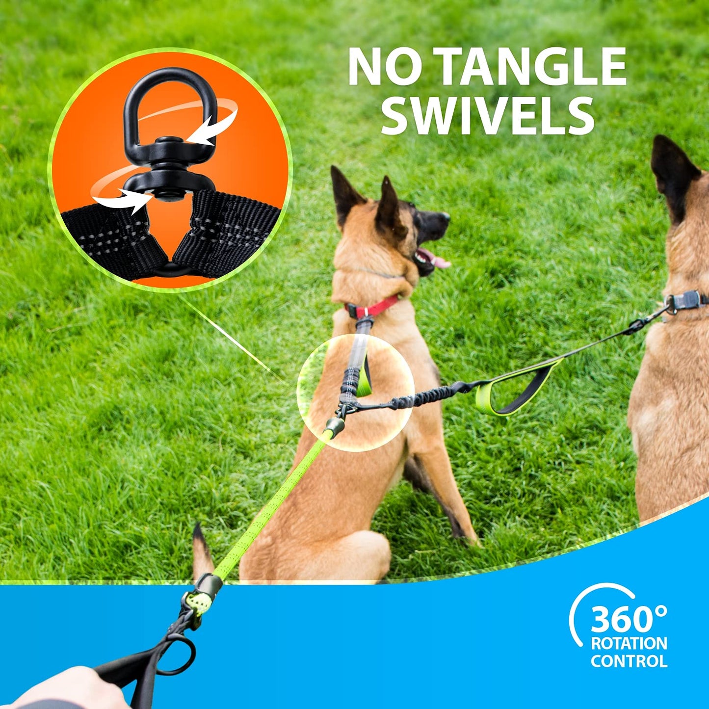 SparklyPets Double Leash for 2 Dogs – Rope Bungee Dual Leash for Medium and Large Breeds with Padded Handles & Tangle Free (Green, for 2 Dogs)