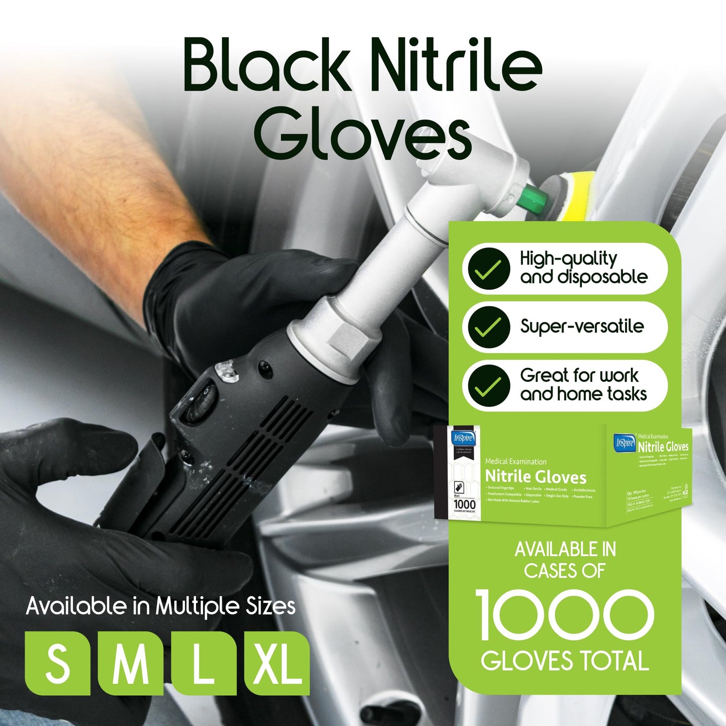 Inspire Black Nitrile Gloves | ORIGINAL Quality Stretch Nitrile Black Gloves Disposable Latex Free |Medical, Food, Mechanic (Large)