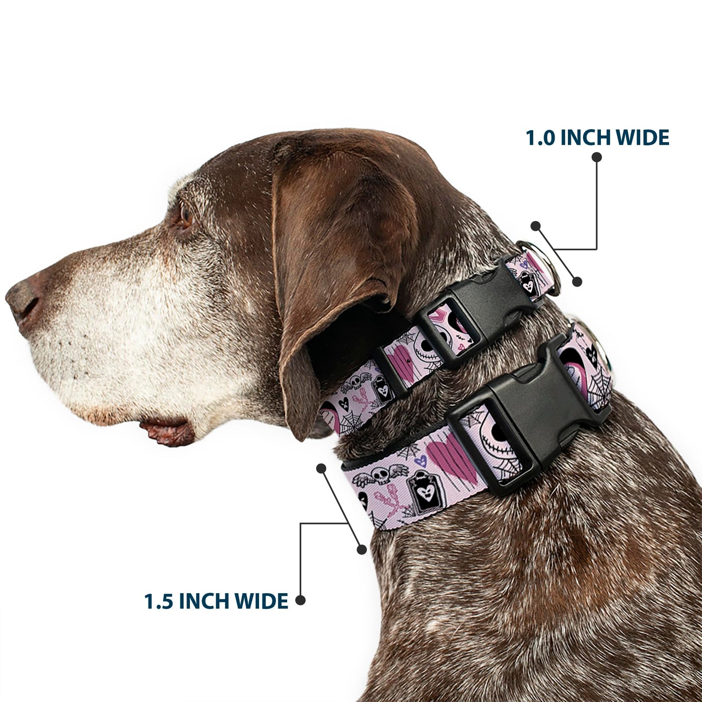 Disney Pet Collar, Dog Collar Plastic Buckle, The Nightmare Before Christmas Jack and Sally Doodles Pink, 8.5 to 12 Inches 0.5 Inch Wide