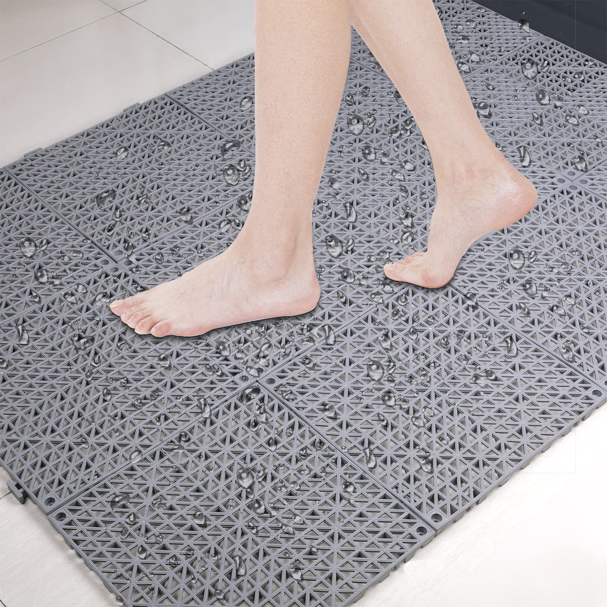 SOUJOY 12 Pieces Modular Interlocking Cushion, 11.6" x 11.6" Rubber Drainage Mat with Holes, Non-Slip Splicing Floor Drain Tile Mat for Pool Shower Bathroom Kitchen Patio Balcony Yard Pet Area