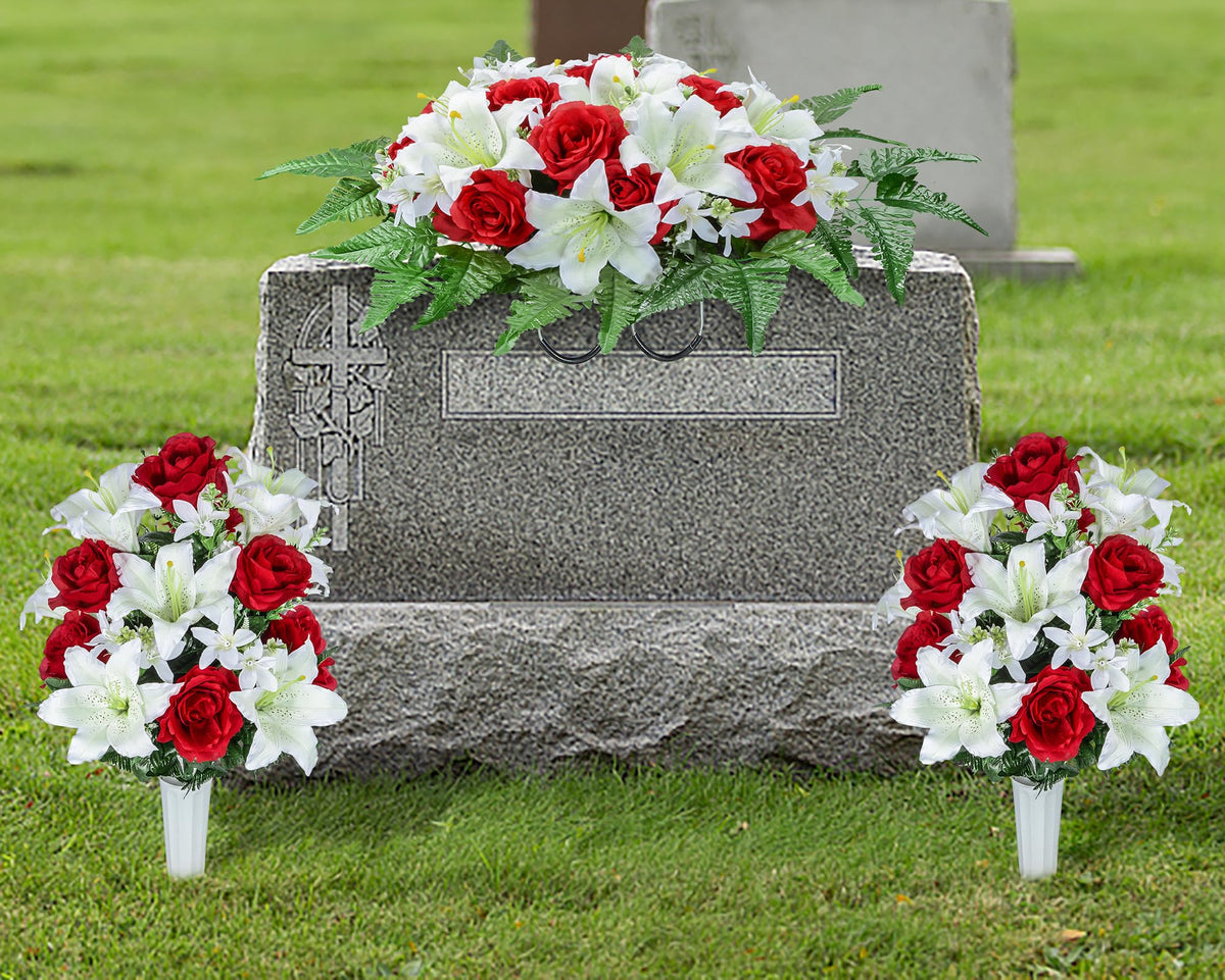 Artificial Headstone Flower Saddles for Graves, Cemetery Memorial Flowers for Outdoor Tombstone Decorations, Artificial Lily Rose Saddle Flowers