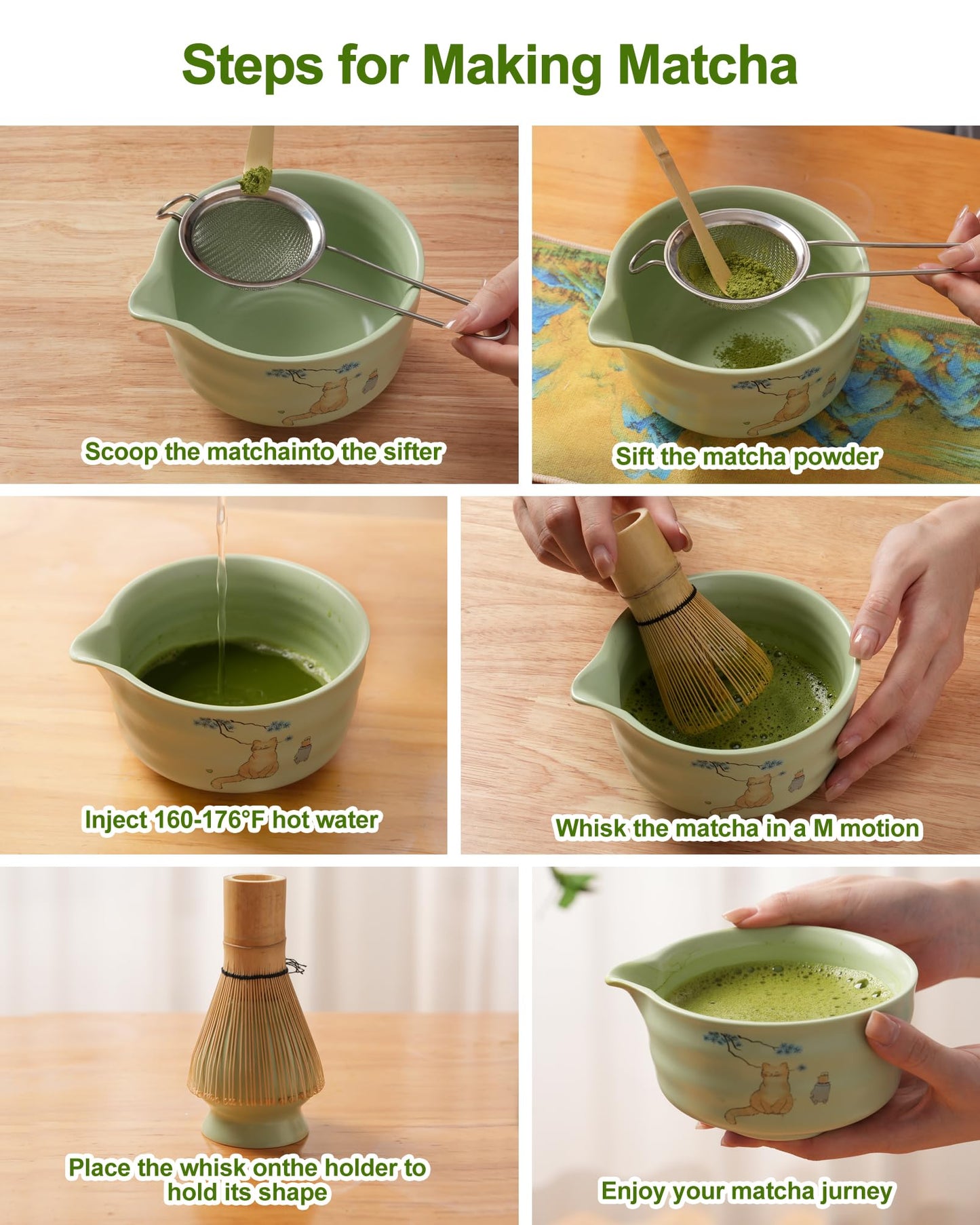 Matcha Whisk Set 7 Pcs – Japanese Tea Ceremony Kit with Bamboo Chasen, Ceramic Bowl, Scoop, Spoon & Sifter, Traditional Matcha Tea Set for Making Authentic Green Tea (Green)