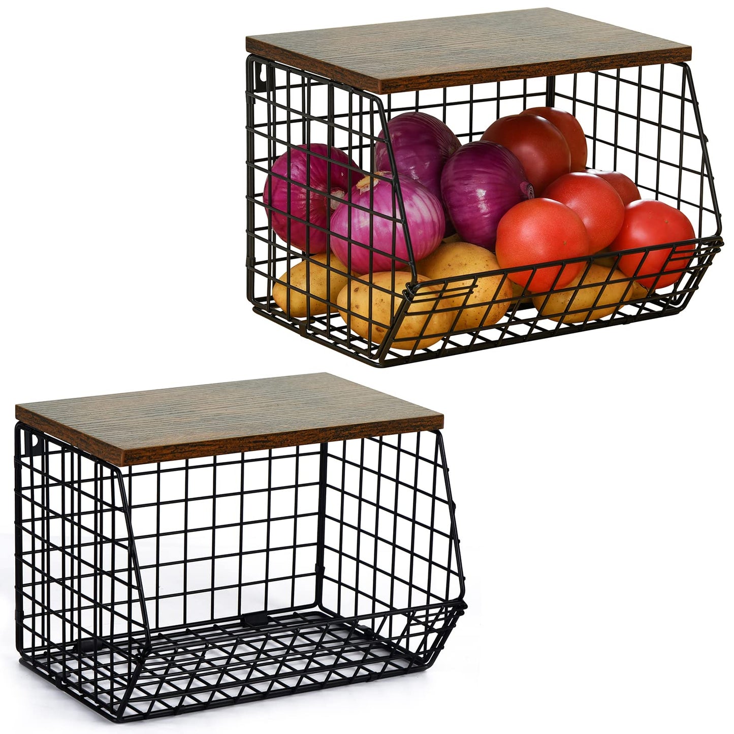 Wetheny 2pcs Fruit Basket Onion Storage Wire Basket with Wood Top- Wall Mounted & Stackable Kitchen Counter Organizer,Cabinet Organizer Bin for Potato,Produce,Bread,Snack Storage(Matte Black)