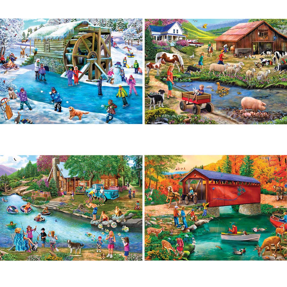 Bits and Pieces - 4-in-1 Multi-Pack - 1000 Piece Jigsaw Puzzles for Adults-Each Measures 20" x 27" (51cm x 69cm)-River Escapades by Artist Mary Thompson