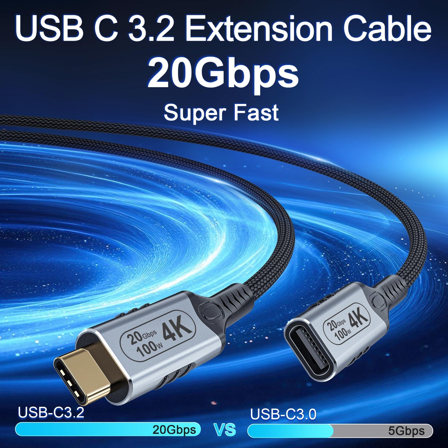 USB c Braided Data Extension Cable 20ft/6M, USB c Extension Cable 20 gbps Data Transfer/100W Fast Charging/Video Output at 4K@60Hz for Monitor,USB 3.2 Extension Cable;USB Male to usbc-c Female Cable