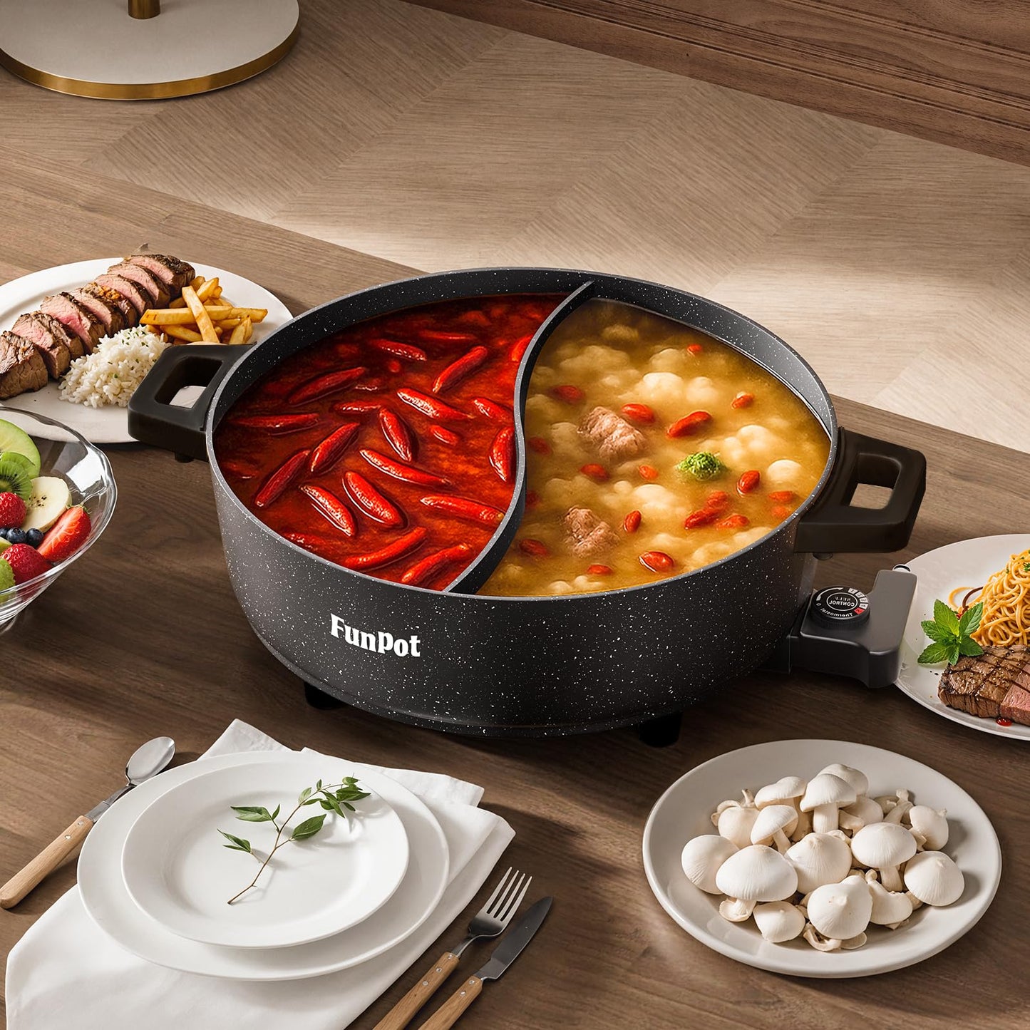 6L Electric Hot Pot with S-Shape Dual-Divider, Smart Temperature Control, 5 Heat Settings, 1350W Fast Boiling, Diamond Nonstick Pot (Black Hollow Handles)