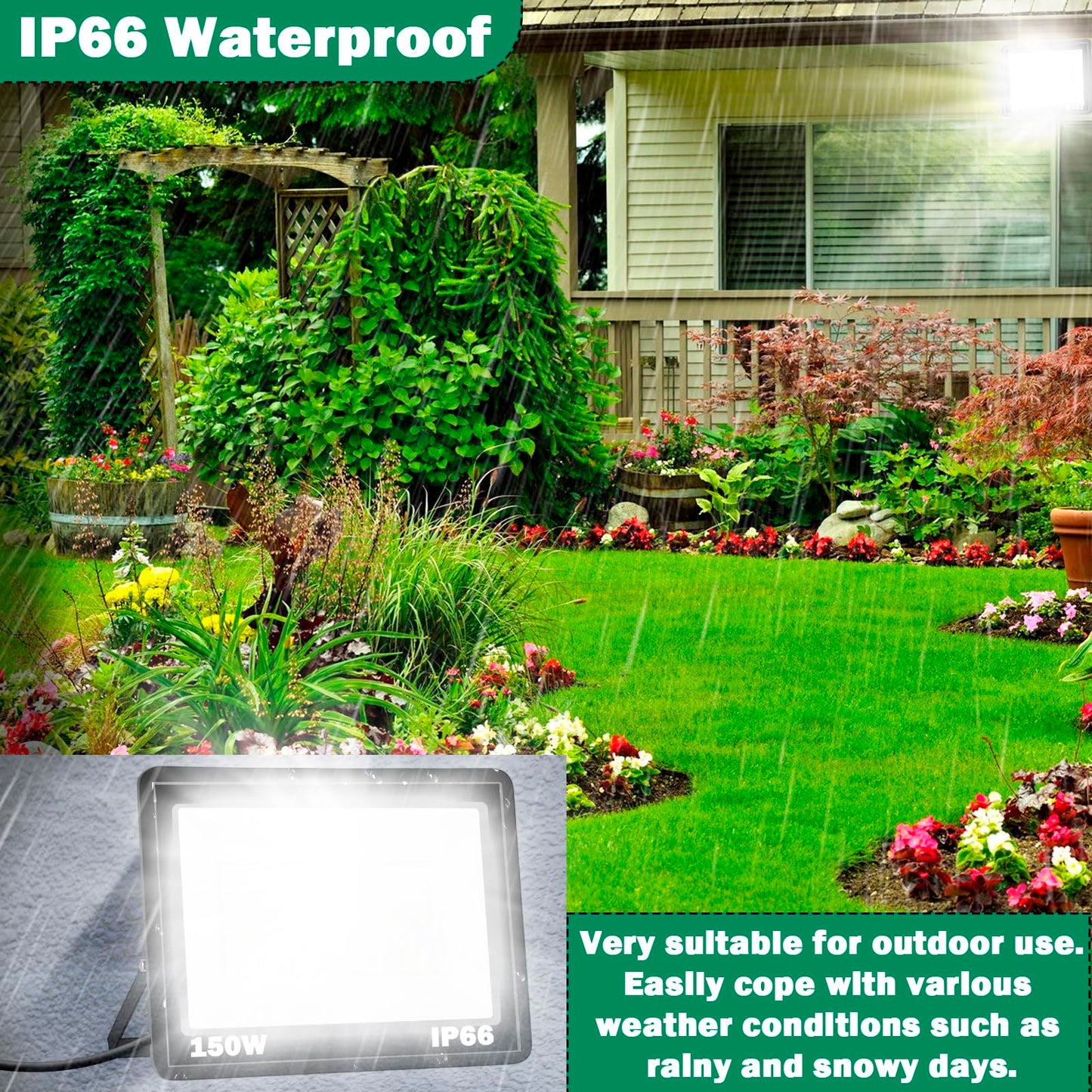 NEWREACH 150W LED Flood Light,18000LM Floodlight with Plug,IP66 Waterproof Outdoor Lights, 5000K Daylight White Security Lights,Outdoor Floodlights for Yard Stadium Garden(2 Pack)