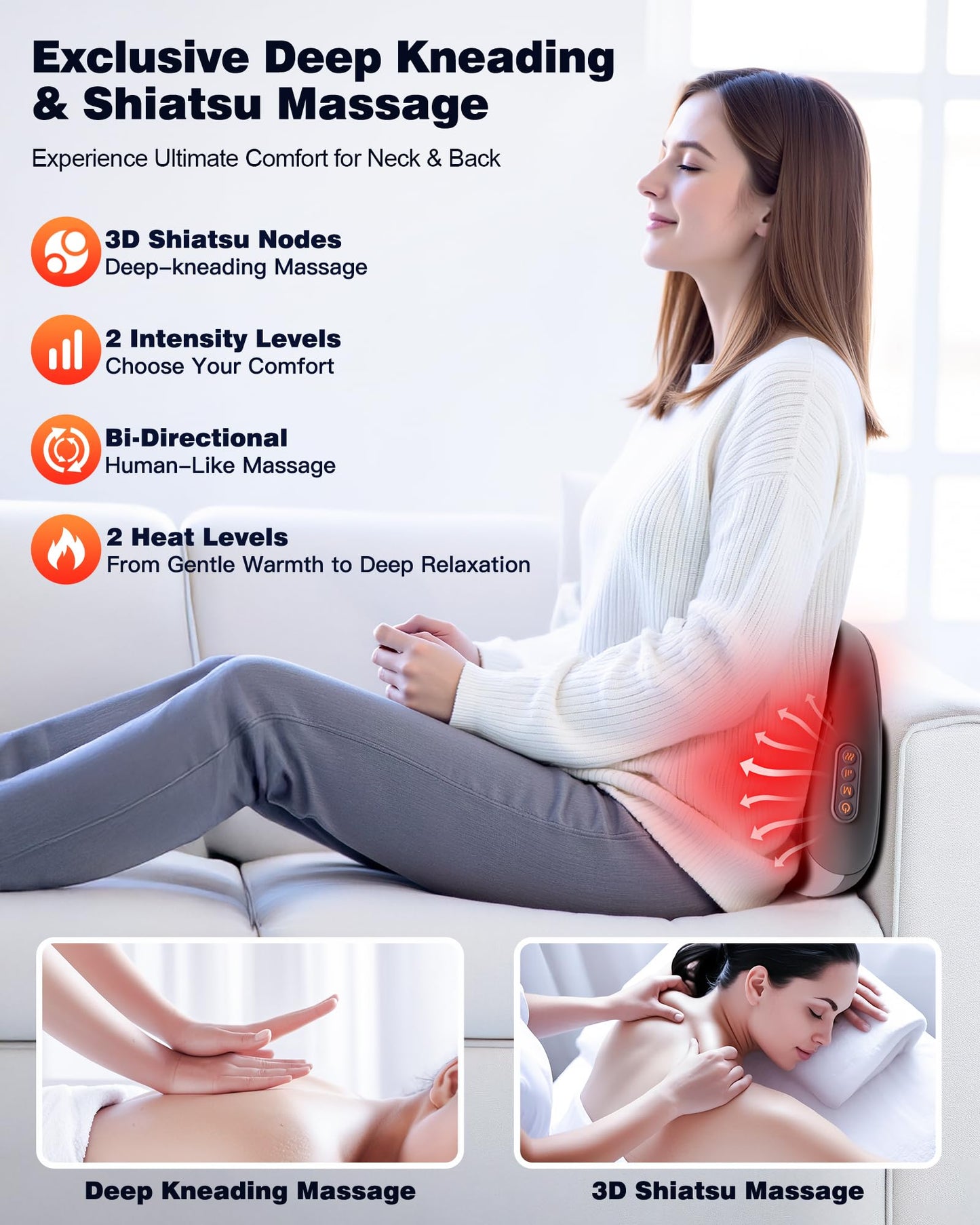 JZBRAIN Shiatsu Back and Neck Massager with Heat – Deep Tissue Massage Pillow for Pain Relief – Corded Design for Full Body Use – Gift for Loved Ones