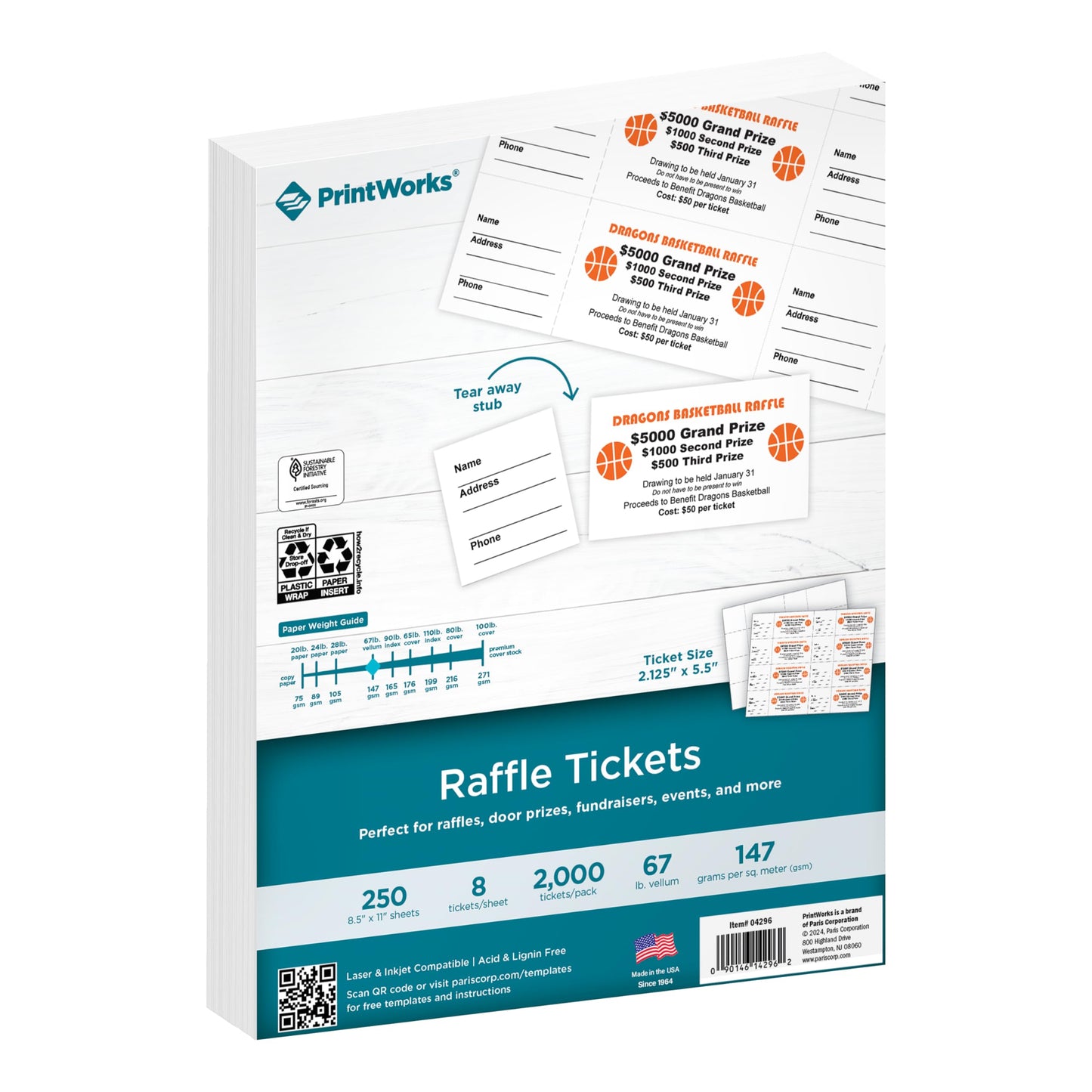 PrintWorks Printable Raffle Tickets with Tear-Away Stubs for Events & Fundraisers - 2000 Custom Tickets (Size 2.125" x 5.5") - 8 per Sheet - 250 Sheets (8.5" x 11") - Made in The USA - White (04296)