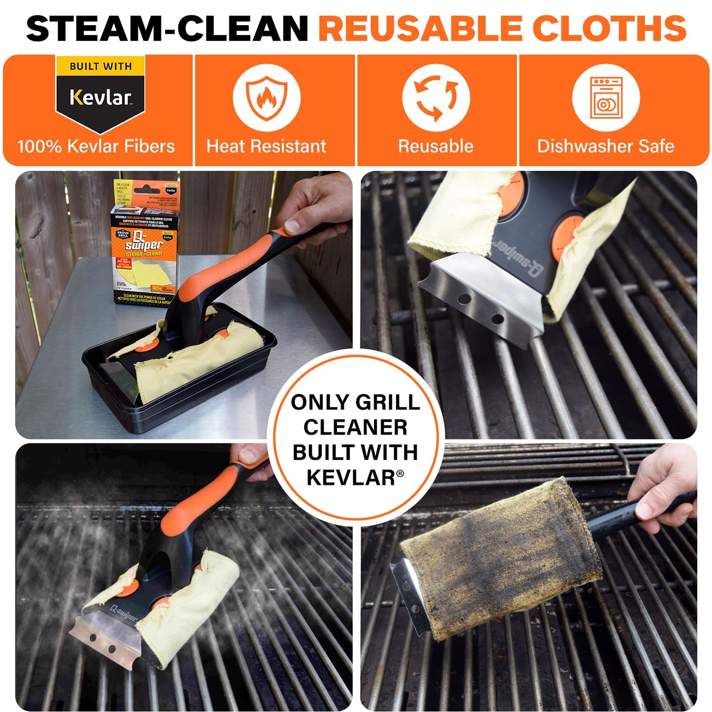 Q-Swiper XL Steam-Clean Grill Cleaning Value Set | Bristle-Free Brush with Scraper | Dipping Tray, 4 Kevlar® Heat Resistant Cleaning Cloths | Safe Way to Steam Away BBQ Grill Grease & Grime