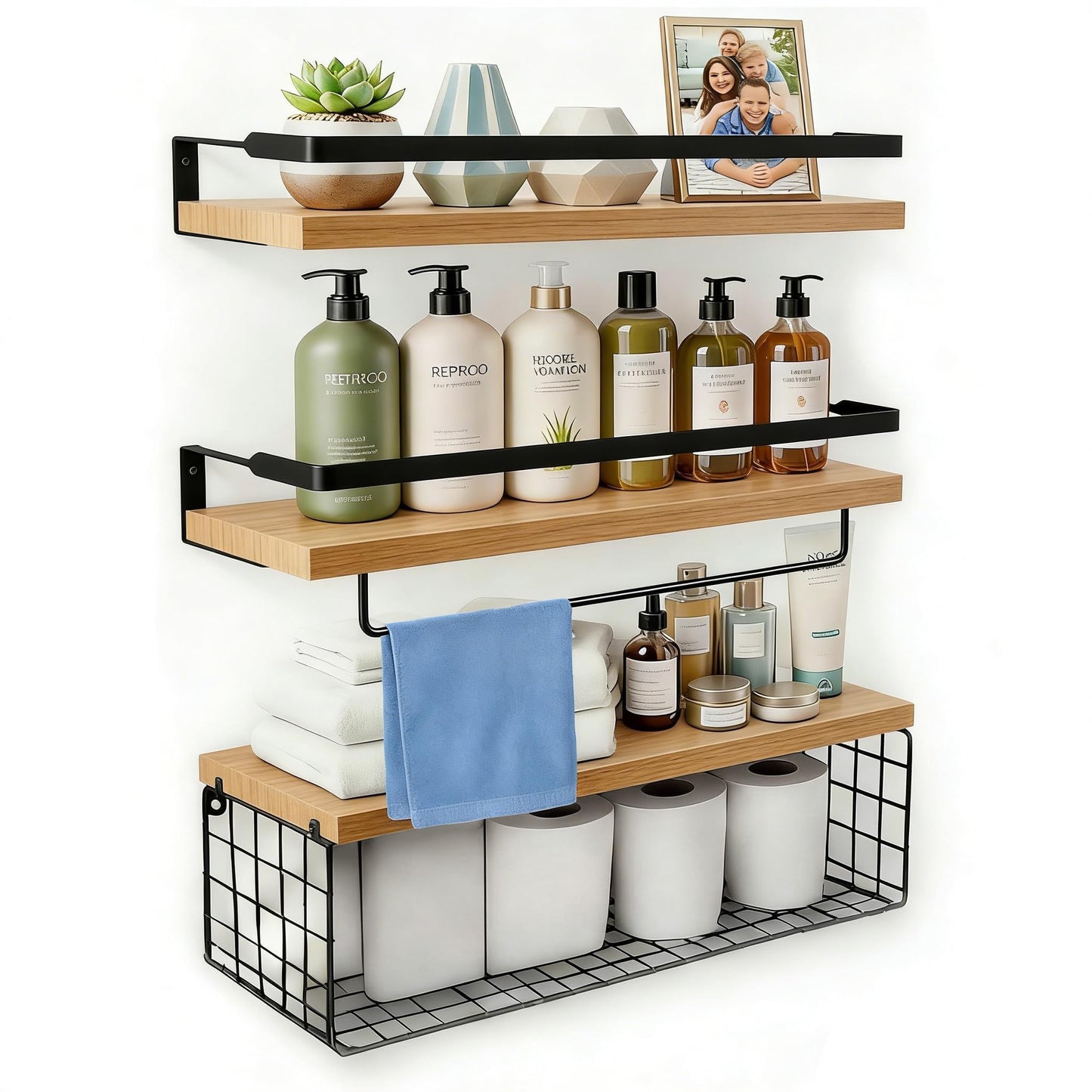 Pack of 3 Bathroom Shelves Wall Mounted Floating Shelf Over Toilet with Towel Holder & Metal guardrails & Storage Basket for Toilet Paper Rustic Wood Corner Decor Organizer for Kitchen (Brown)