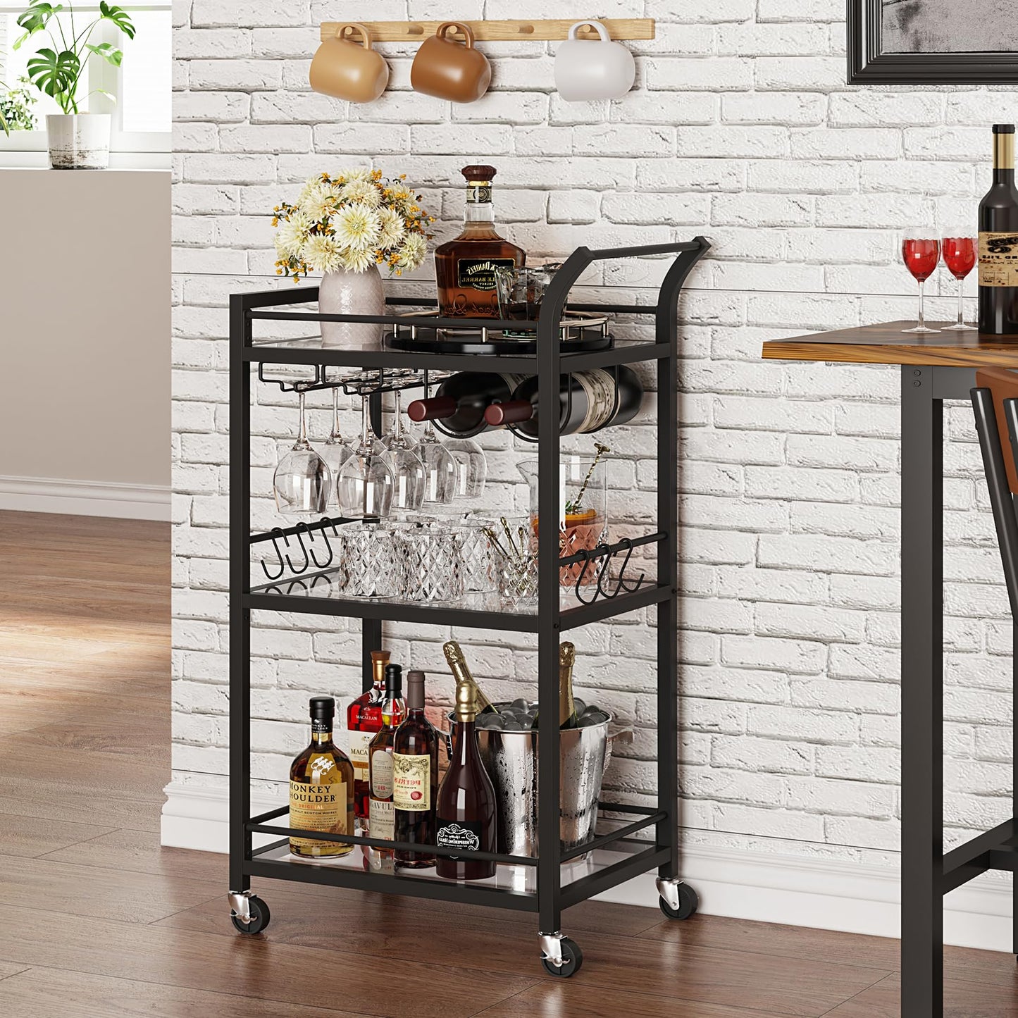 TUTOTAK Bar Cart, Home Bar Serving Cart with 3-Tier Mirrored Shelf, Wine Cart, Drink Cart, Mobile Kitchen Shelf, Black BC01BK034CA