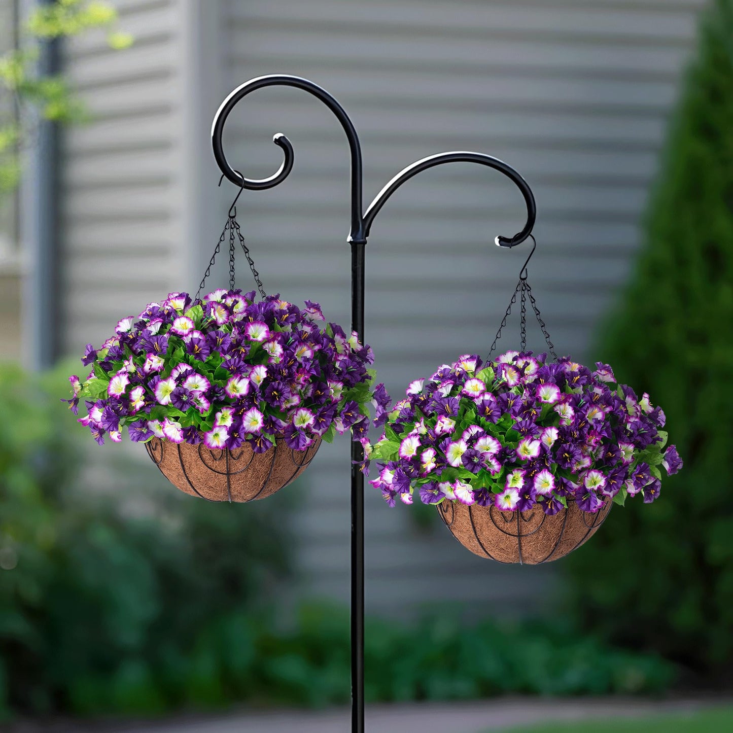 Ammyoo Artificial Hanging Flowers 12 inch Basket, Faux Silk Petunias Flower Arrangement,Coconut Lining Pot Planter with Morning Glories Patio Garden Porch Deck Spring Summer Decor(Purple Edge)