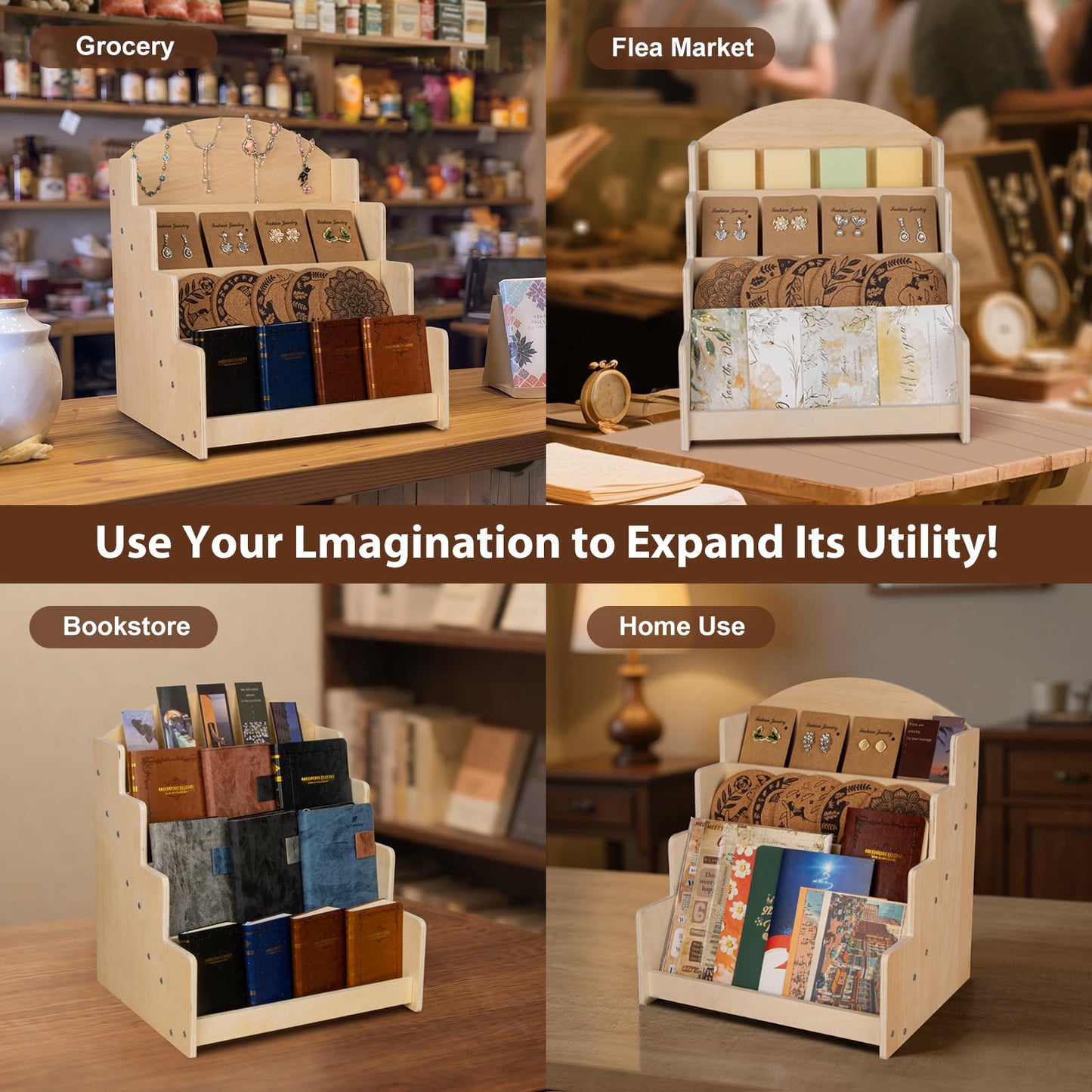 Greeting Card Display Stand, Wooden 4-Tier Postcard Display Stand Holder for Sticker, Vendors, Retail Stores, Beige