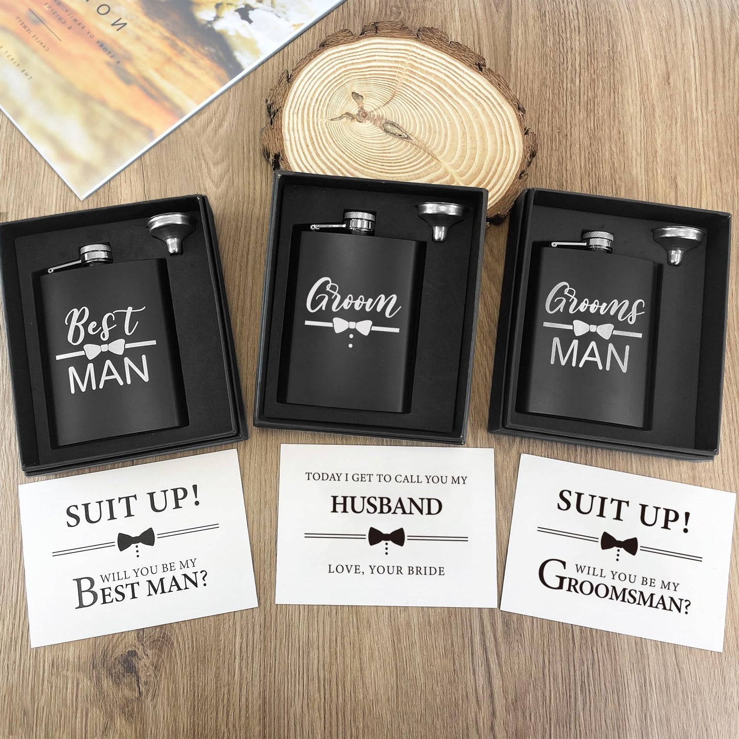ELEGANTPARK Groomsmen Gifts Set of 6 Best Man Groom Flask Groomsmen Proposal Gift for Wedding Bachelor Party Favors Black Engraved Hip Flask Stainless Steel 8 oz