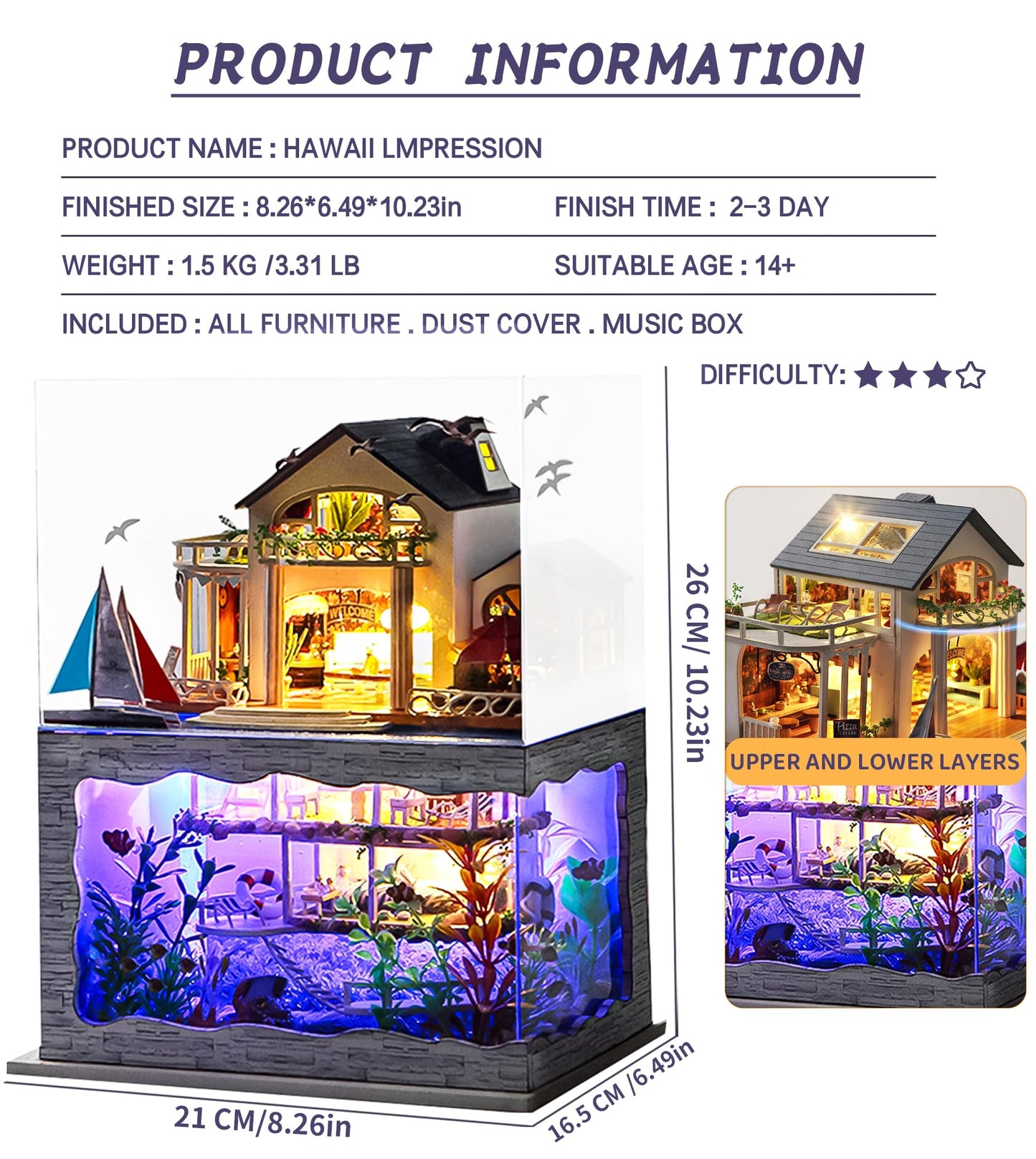 Spilay Miniature Dollhouse Kit with Furniture,DIY Dollhouse Kit Mini Modern Villa Model Plus Dust Cover and Music Box ,1:24 Scale Creative Room Idea for Children Birthday Gift(Hawaii Impression)