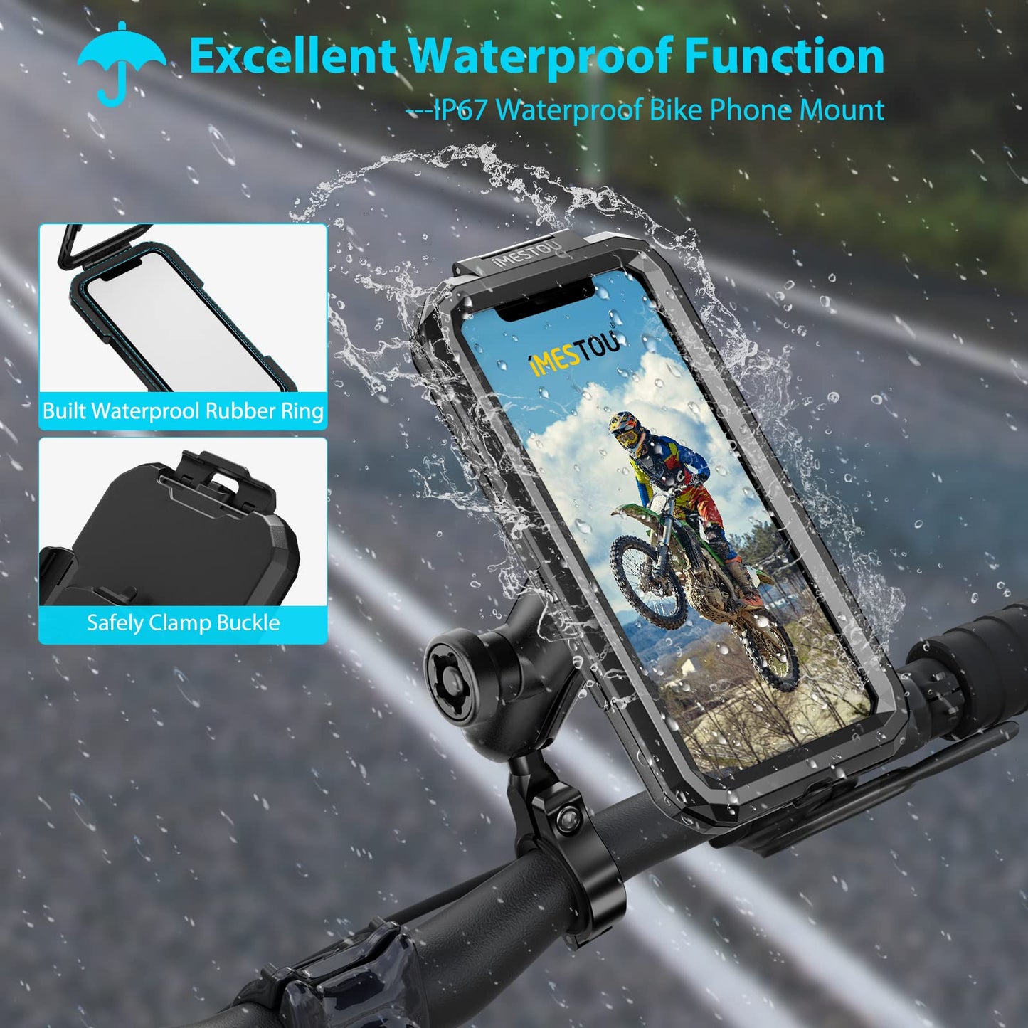Anti-Theft Waterproof Motorcycle Phone Holder-iMESTOU Bike Phone Mount 1" Ball Handlebar Stem Mobile Holder with Double Socket Arms 720° Rotation Aluminium Base for 5.5"-6.8" Cellphones (L)