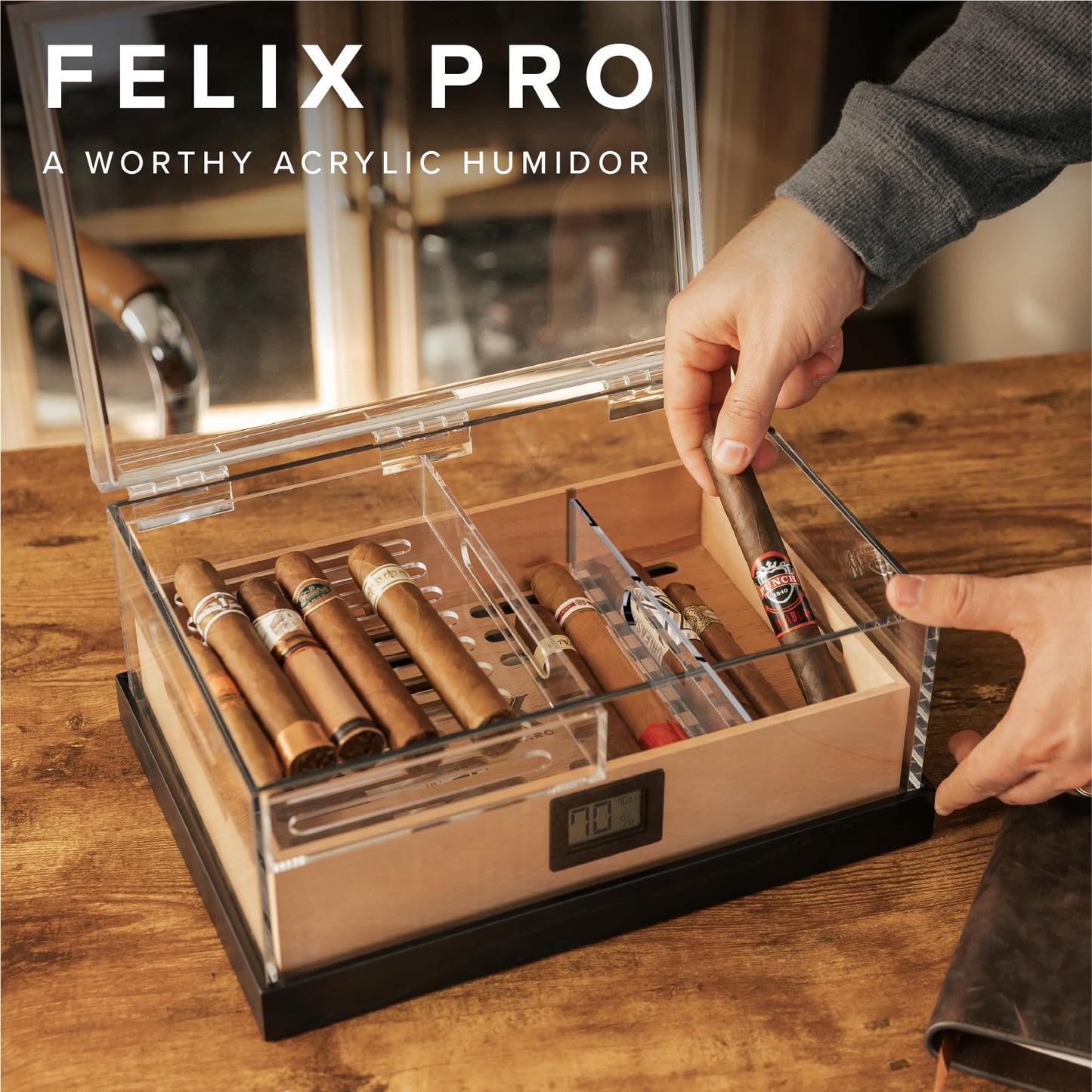 CASE ELEGANCE - Felix Pro Tupperdor - Airtight Acrylic Humidor, Two Trays, Spanish Cedar Tray, Ash Wood Base, Includes Humidity Pack, Digital Hygrometer, Acrylic Divider - Holds 50-60 Cigars
