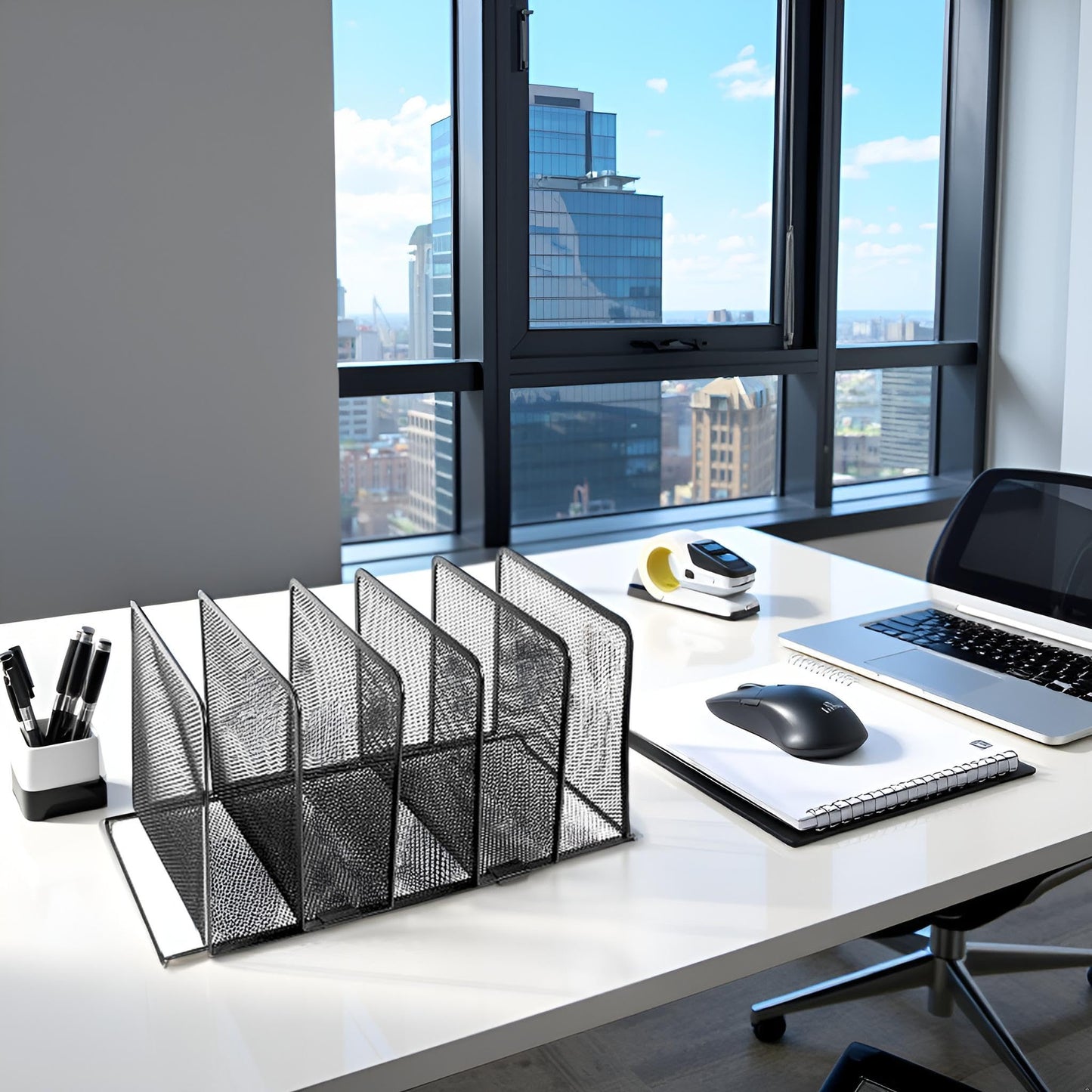 Winnable Mesh Desk Organizer, Black – 5 Large Capacity Filing Slots, Durable Metal Mesh with Raised Wire Base, 14-3/4" x 8" x 7-1/2"