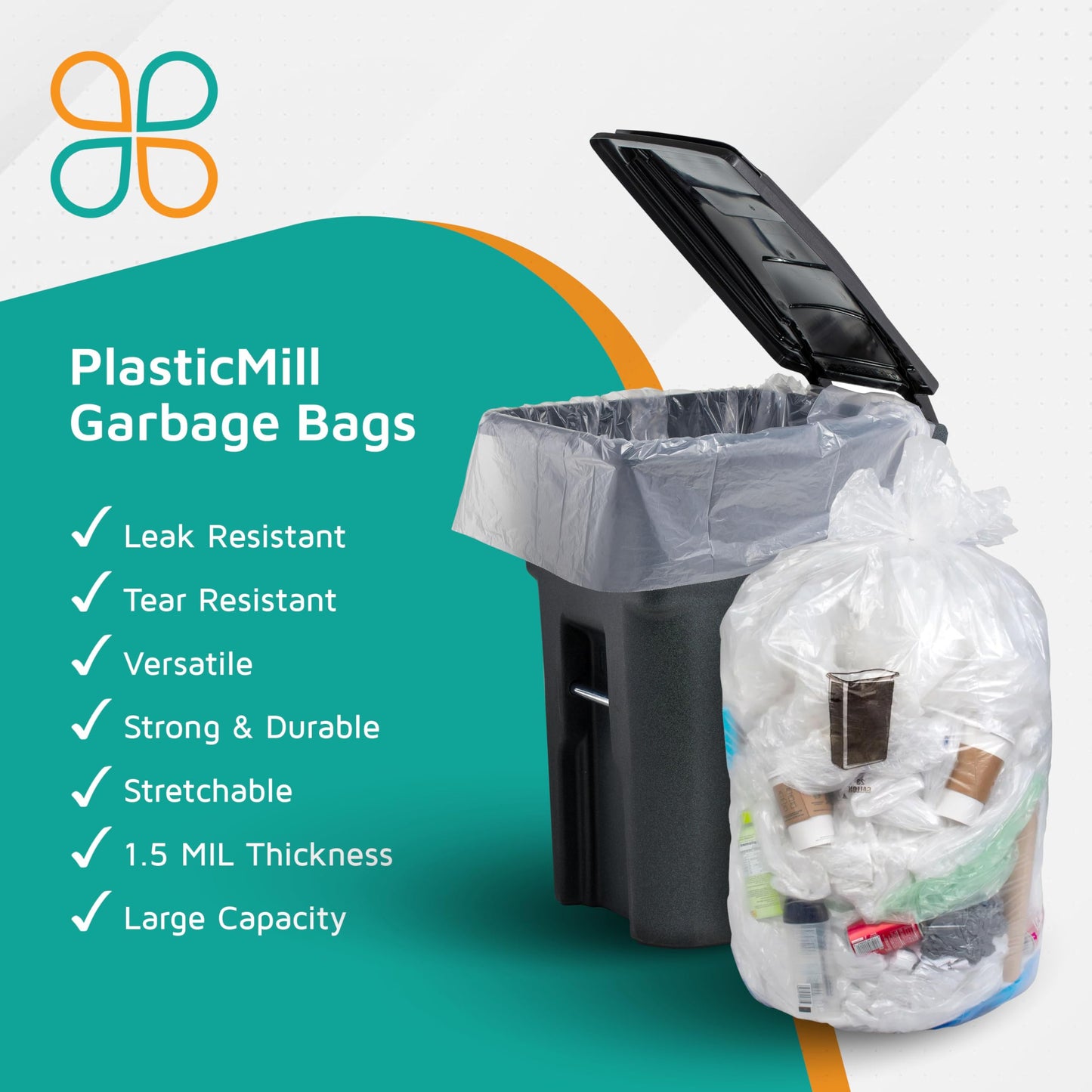 PlasticMill 100 Gallon, Clear, 1.3 Mil, 67x79, 10 Bags/Case, Garbage Bags/Trash Can Liners.