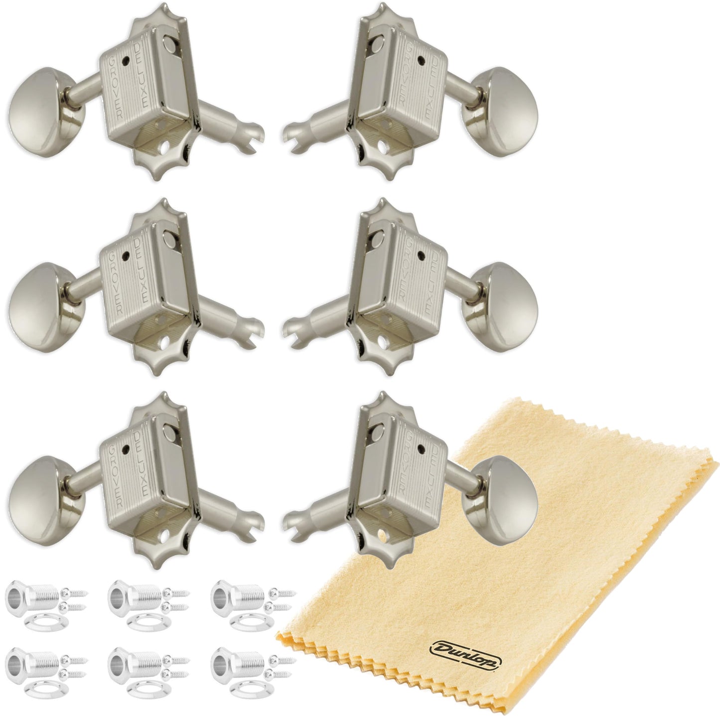 Grover 133N Vintage Deluxe Guitar Tuners, Tuning Machines Set 3+3 15:1 Nickel Tuning Keys with Tonebird Dunlop Polish Cloth Bundle Tuner Heads with Metal Button