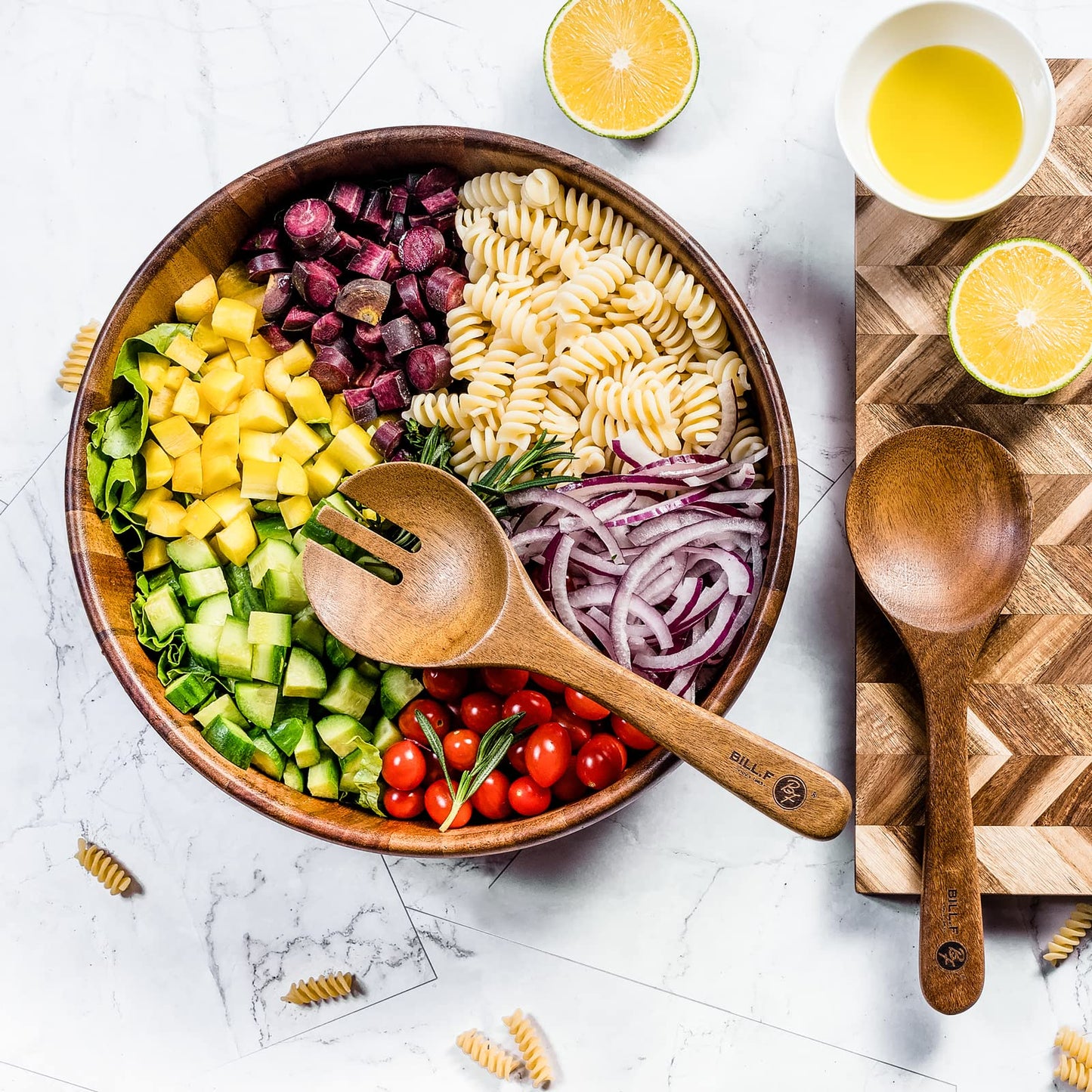 Bill.F Wooden Salad Bowl, 12'' Acacia Wood Salad Bowls Set Large Salad Mixing Bowl with Servers-3-Piece Big Salad Bowl Set