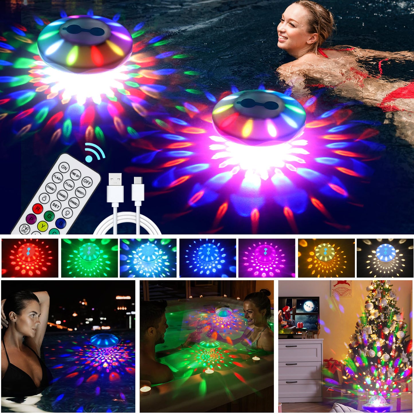 Rechargeable Floating Pool Lights (2 Pack) - Pool Light That Float with Vibrant RGB Colors, IP68 Waterproof Pool Lights, Upper and Lower Color Changing Led Lights for Pond, Bathtub and Party