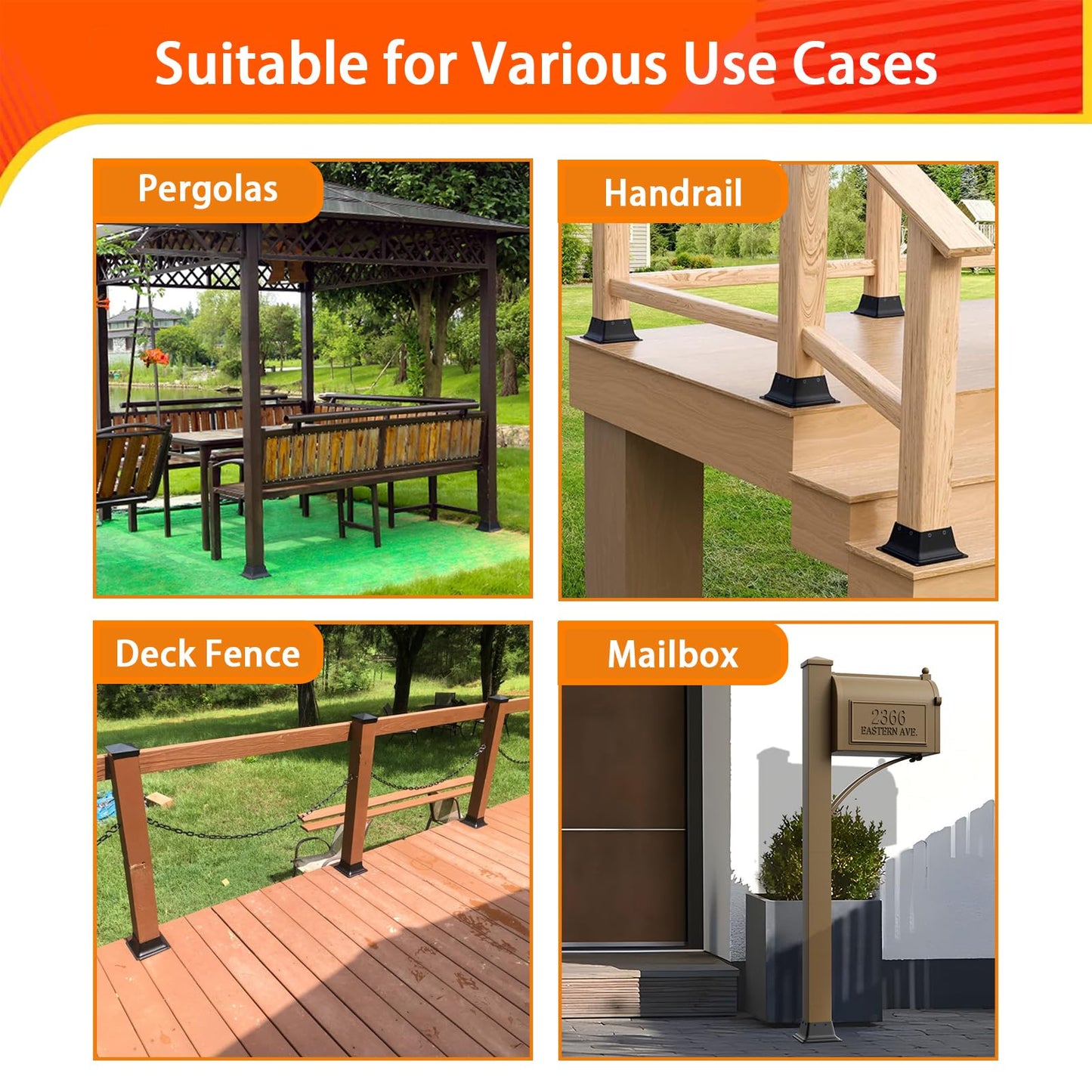 ORIGLE 4x4 Post Base 4Pcs, Internal 3.58"x3.58" Heavy Duty Powder-Coated Steel Post Bracket Fit for Standard Wood Post Anchor, Decking Post Base for Deck Porch Handrail Railing Support