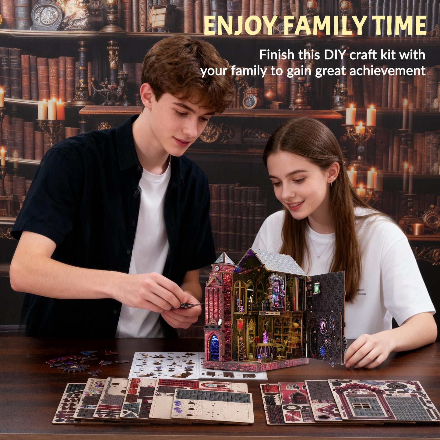 Book Nook Kit, DIY Miniature House Dollhouse Crafts Kit for Adults and Teens, Magic Castle 3D Wooden Puzzle Booknook Build Bookshelf Decor, Gifts for Family and Friends(Arcane Sprire)