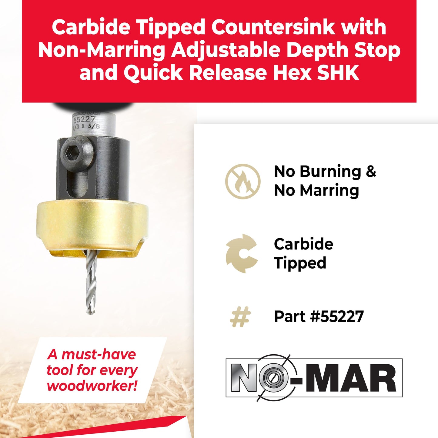 Amana Tool 55227 Carbide Tipped 82 Degree Countersink Set with Adjustable Drill Bit Depth Stop and No-Thrust Ball Bearing 3/8 Dia x 1/8 Drill Dia x 1/4 Inch Quick Release Hex Shank