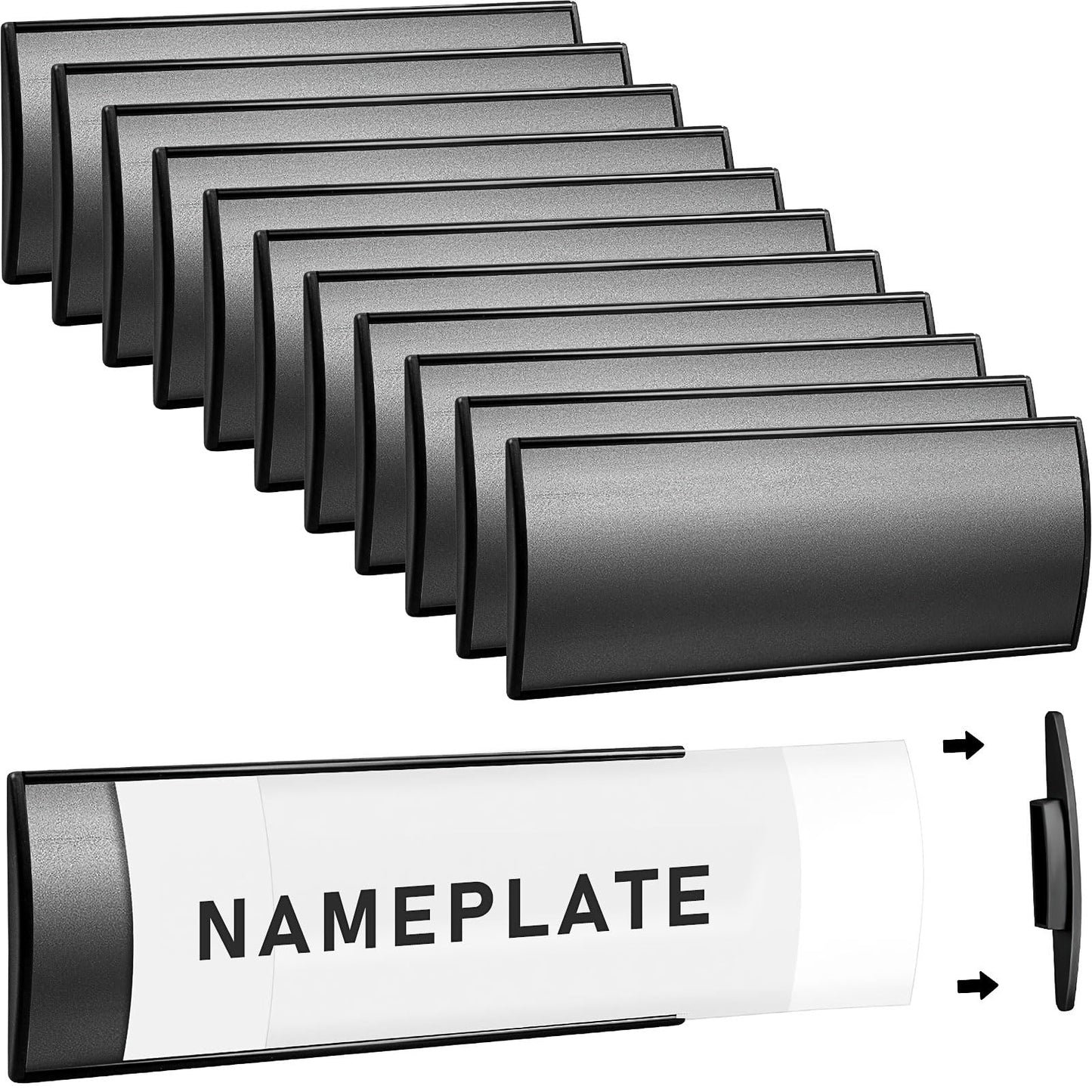 12 Pcs Self-Adhesive Door Name Plate Holder 8x3 Inch Metal Aluminum Nameplates Personalized Curved Name Signs with Plastic Film for Office Cubicle Doors Room Wall Desk - Black