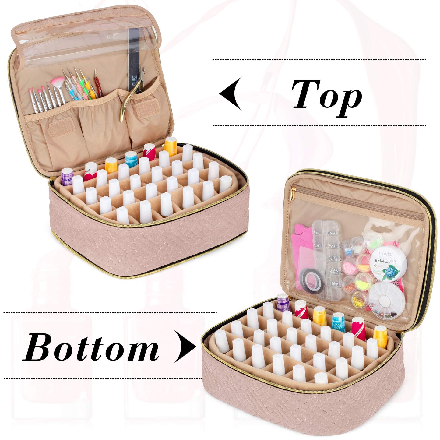 Luxja Detachable 2 Layers Nail Polish Organizer - Hold 60 Bottles (15ml - 0.5 fl.oz), Nail Polish Case with Tools Storage Pockets (Patented Design), Pale Rose