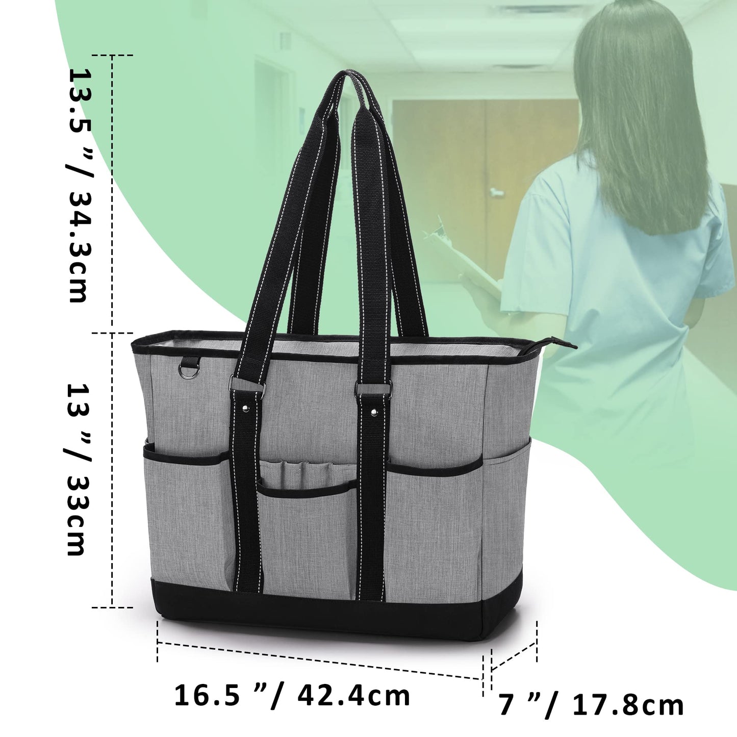 Damero Nurse Tote Bag with Padded Laptop Sleeve, Medical Nurse Utility Bag with Multiple Pockets for School, Work, Home Health Care, Gray