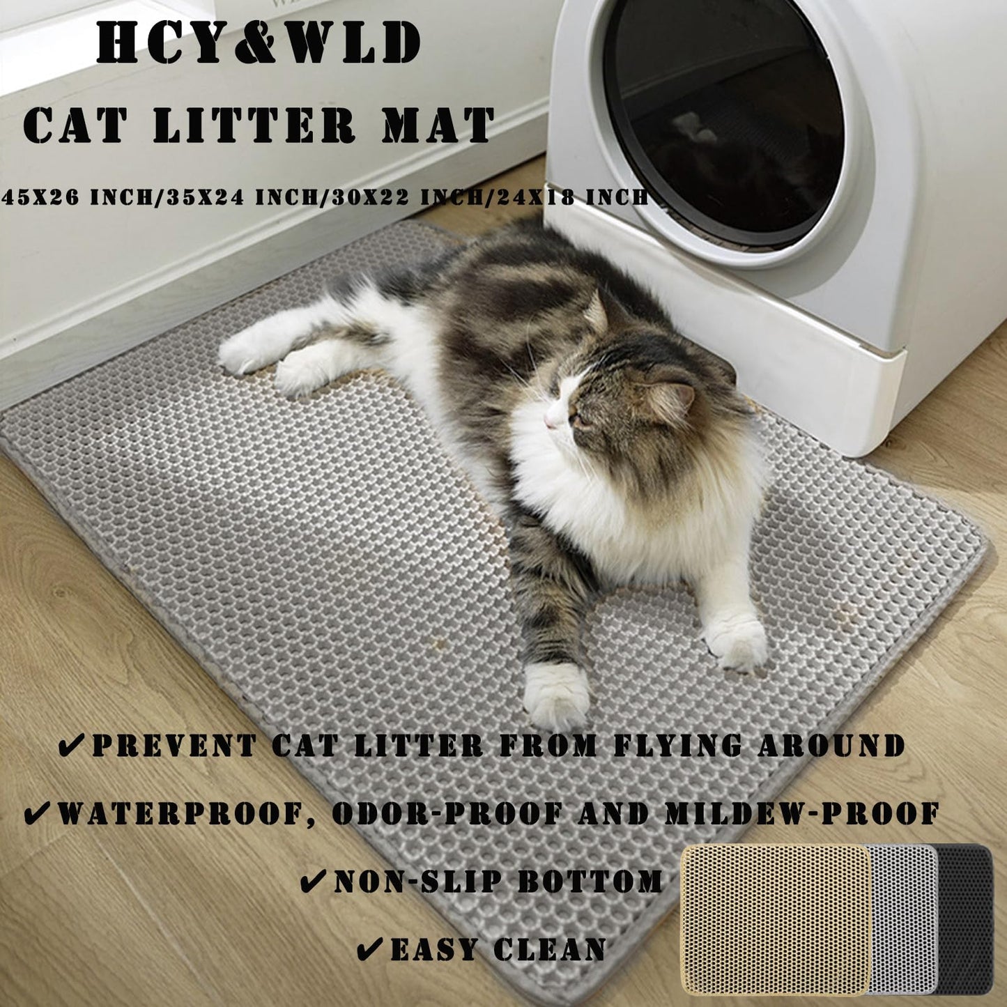 HCY&WLD Cat Litter Mat, 45x26/35x24/30x22/24x18 Inch Double Layer Cat Litter Box Mat, EVA Non-Slip, Waterproof Urine Proof Cat Litter Catcher Mat, Easy Clean Scatter Control (30x22 Inch, Khaki)