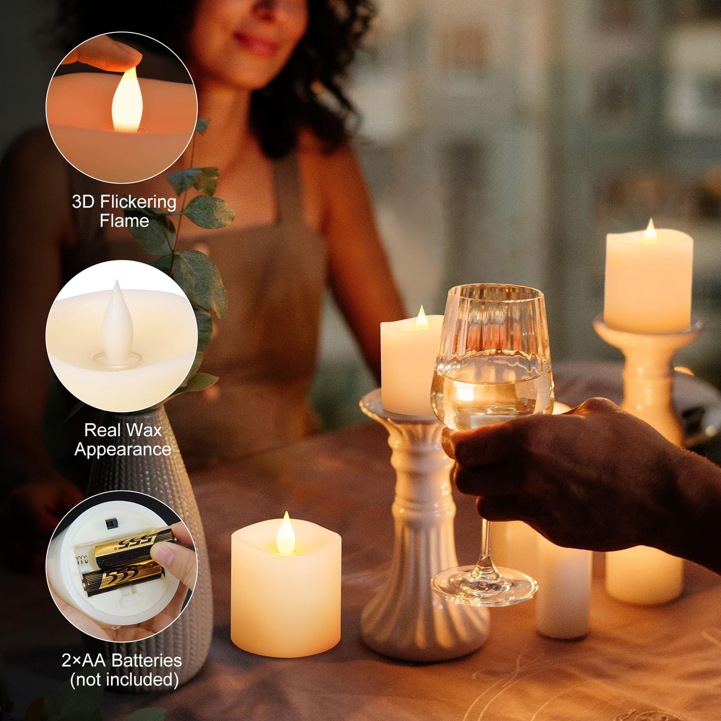 3x3 Flickering Flameless Candles Set of 3, Real Wax Pillar LED Candles with Battery Candles Flickering,with Timer, 3 inch Flameless Candles with Remote,battery powered candles, for Party/Wedding,Ivory